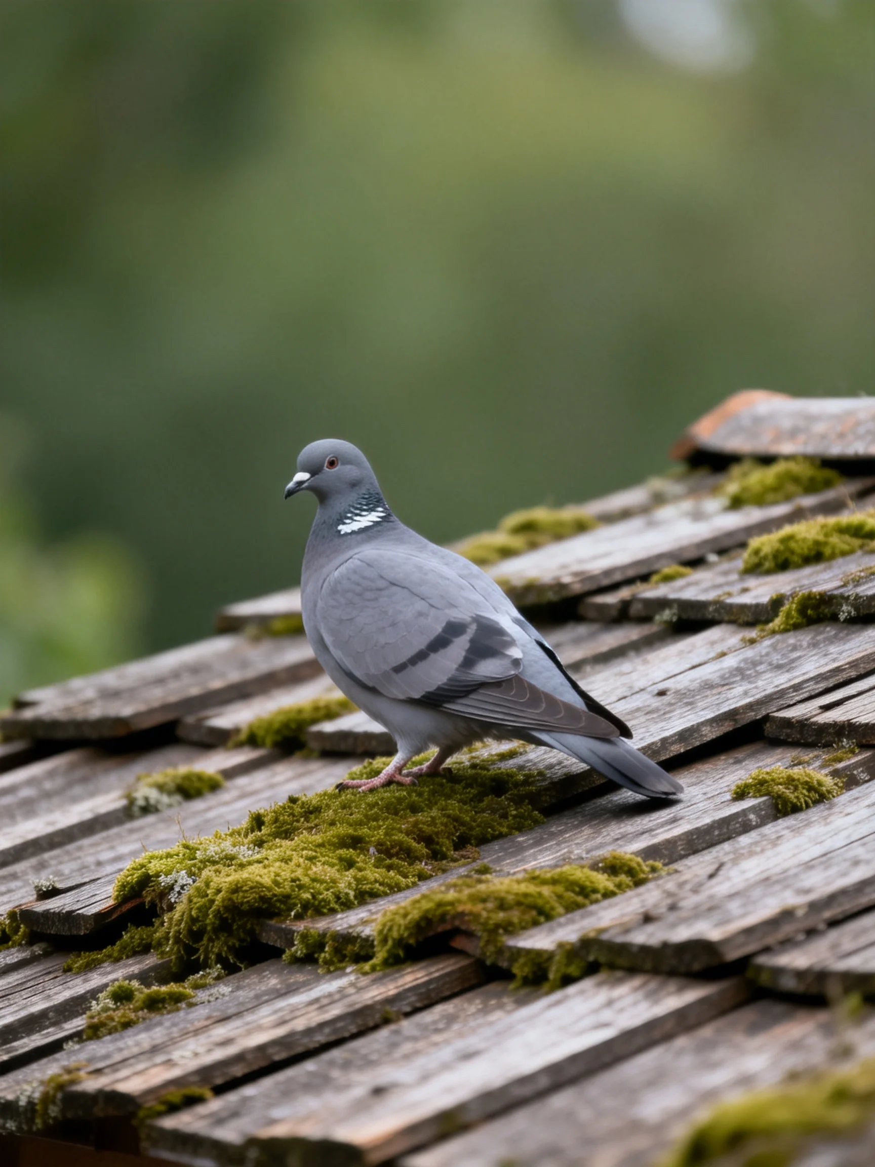 A gray pigeon perches on moss-draped old wooden roof tiles
