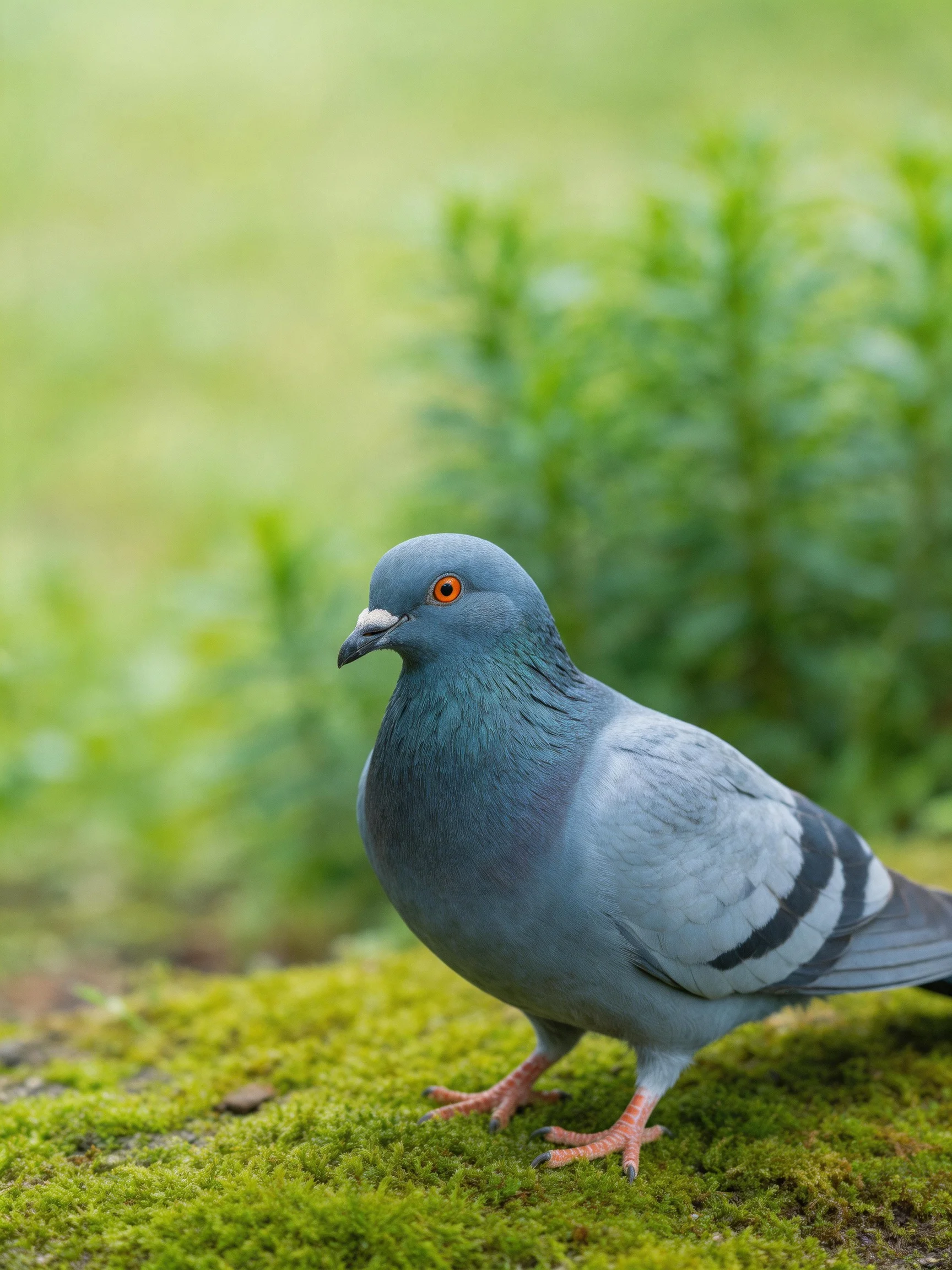 A gray pigeon perches on mossy ground with lush greenery nearby