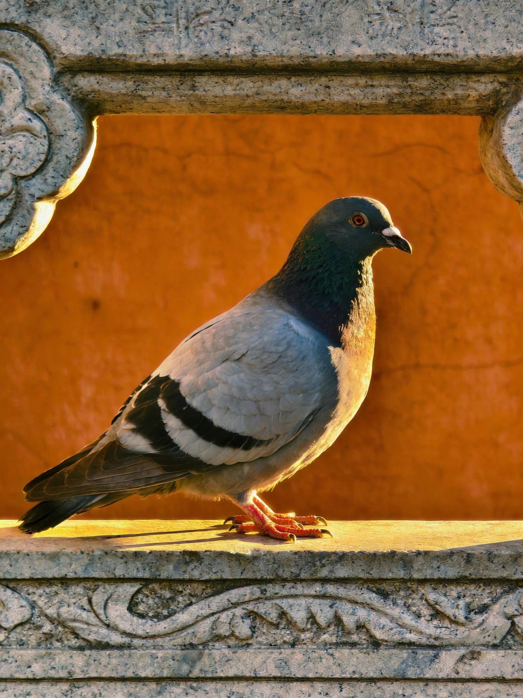 A gray pigeon perches on ornate stone near an orange wall