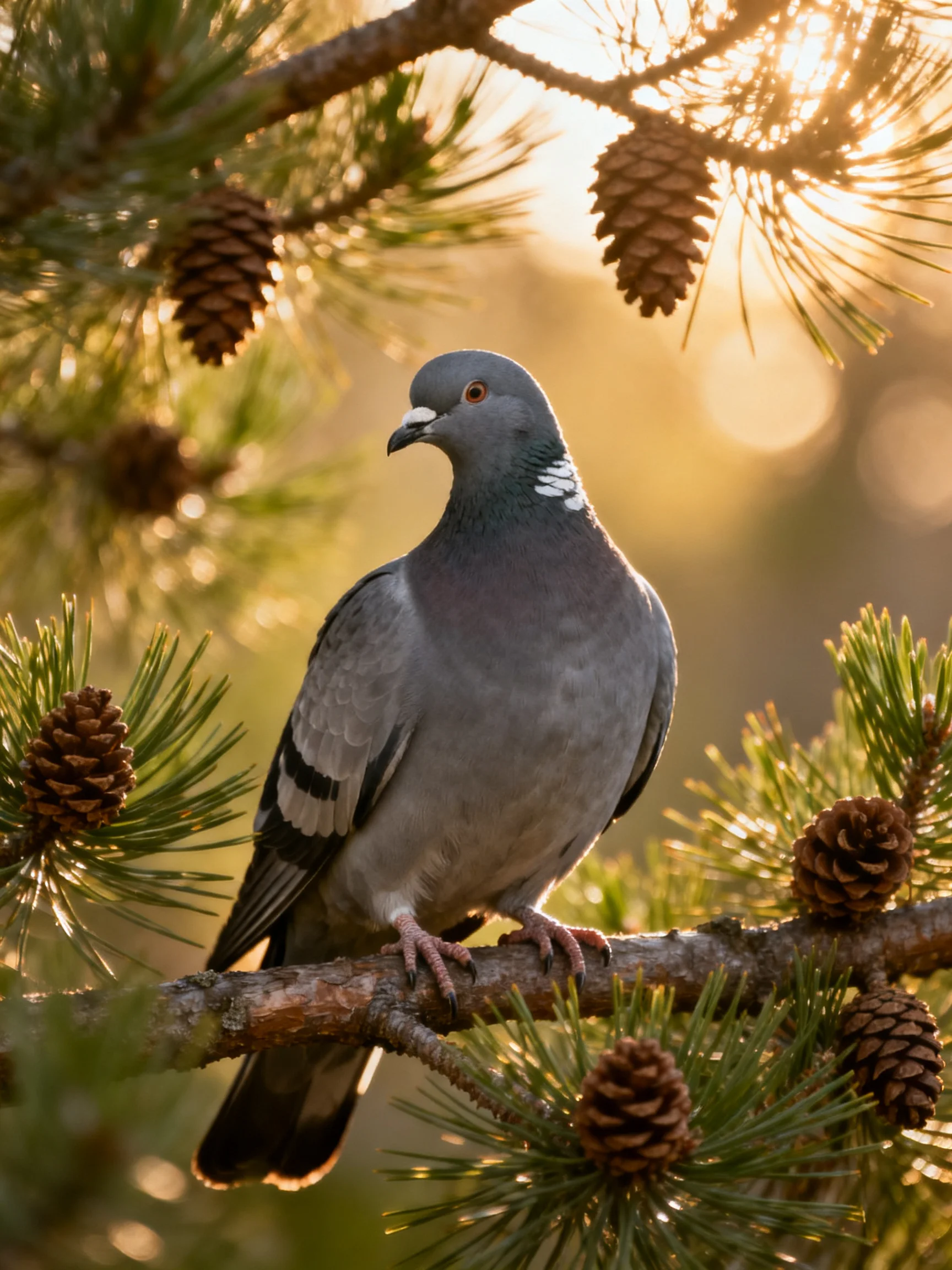 A gray pigeon perches on pine branches with brown pinecones under golden light