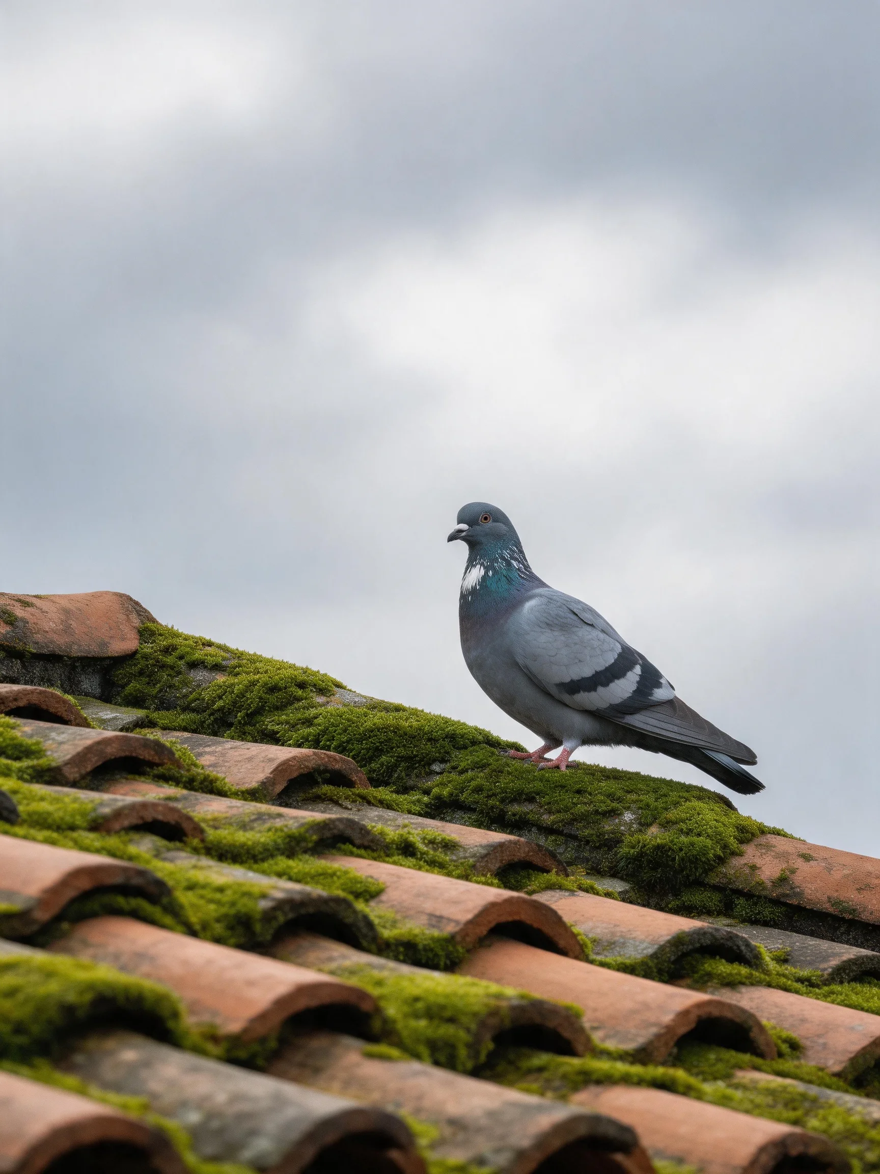 A gray pigeon percheson moss-covered terracotta roof tiles