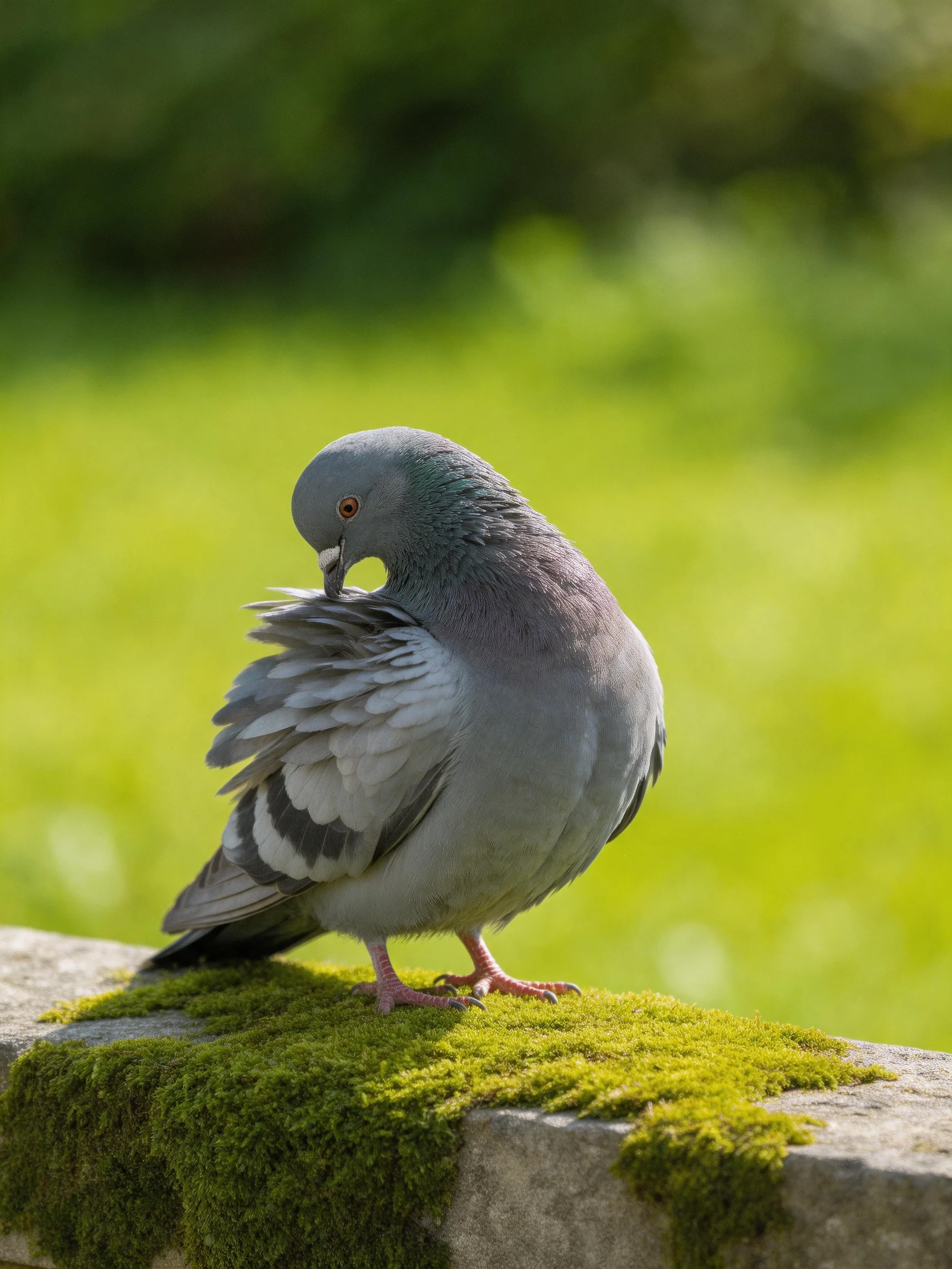 A gray pigeon preening on a moss-covered stone ledge
