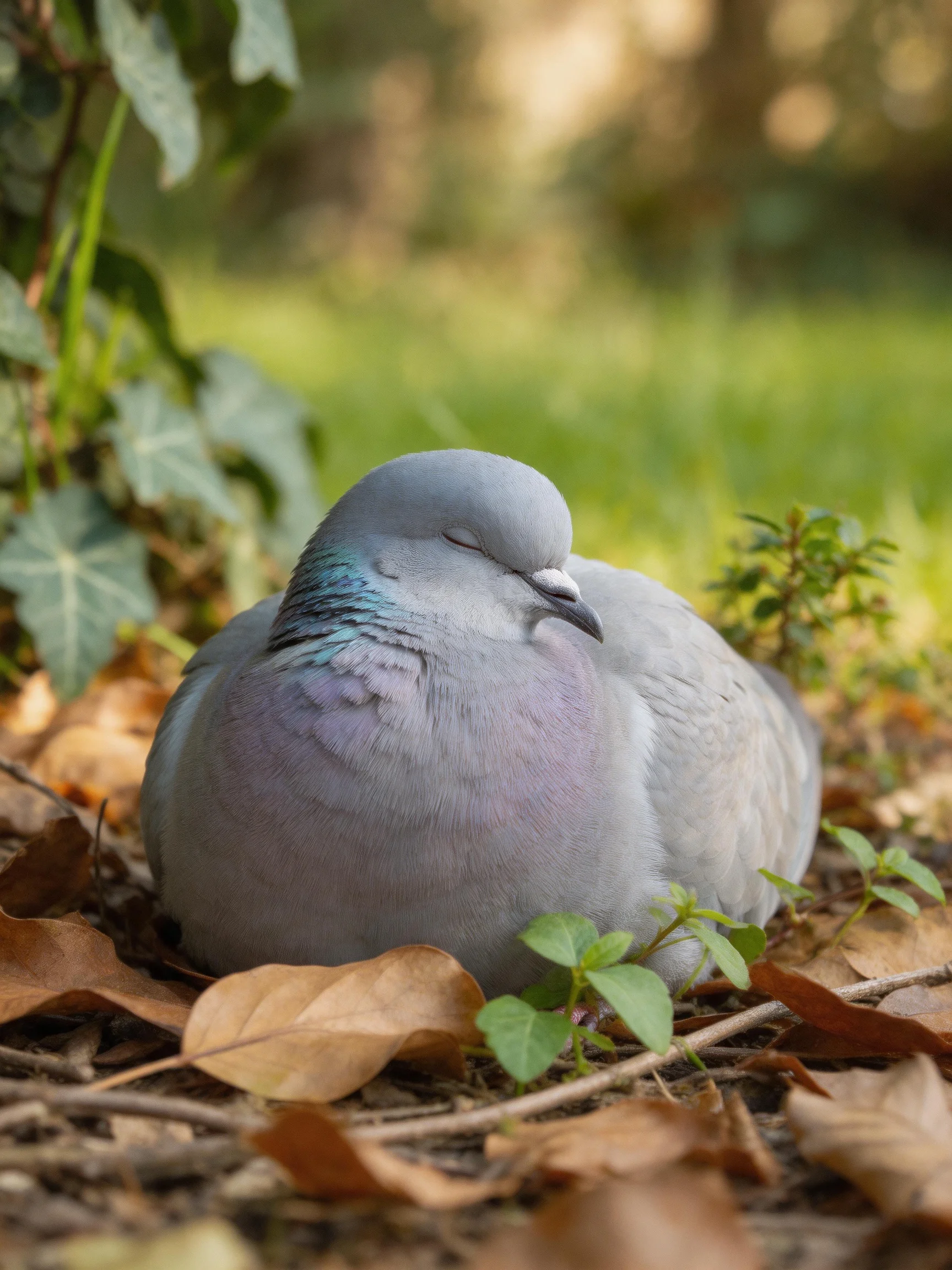 A gray pigeon resting among brown leaves and green foliage
