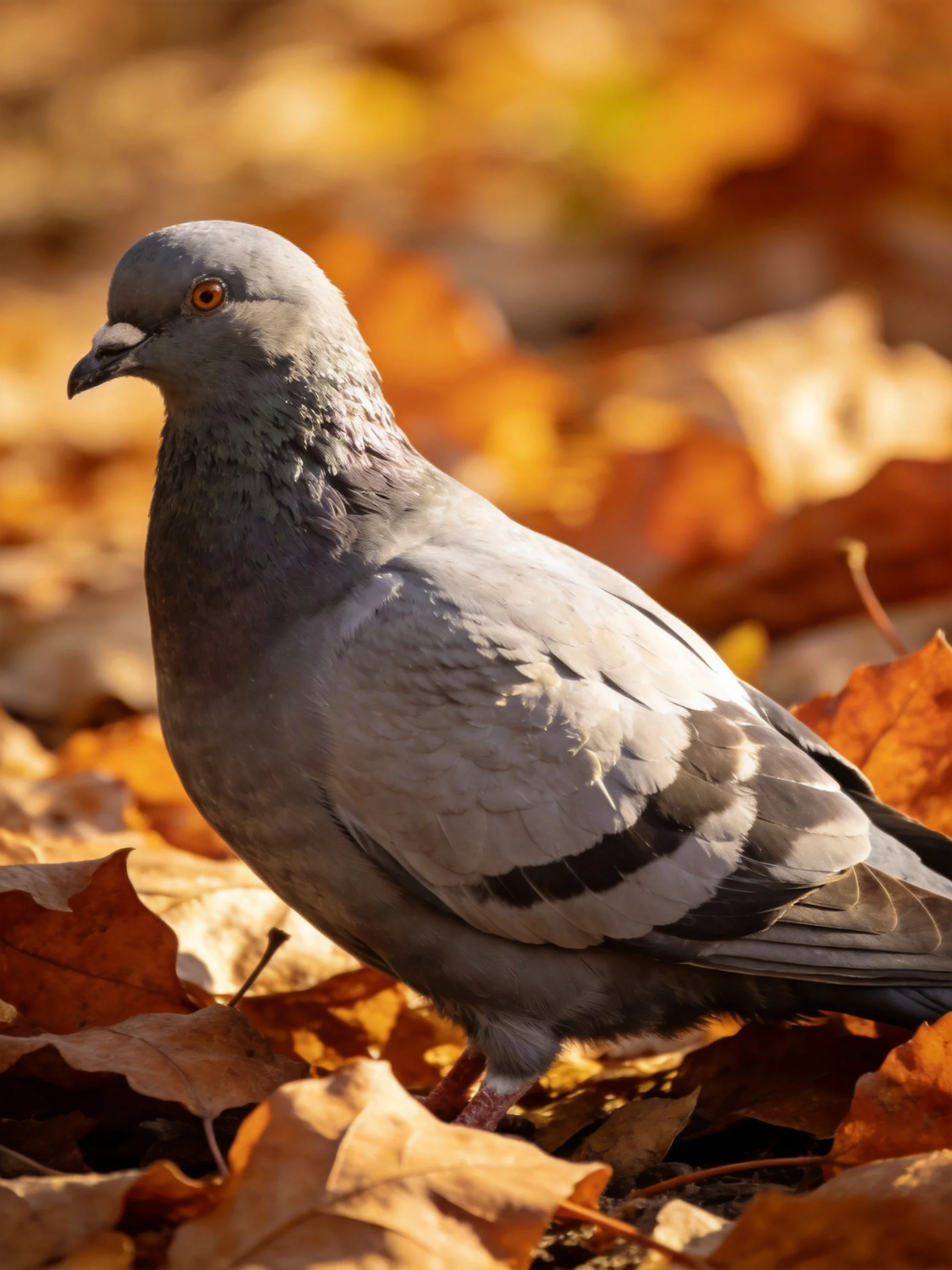 A gray pigeon sits among scattered autumn leaves in natural light.