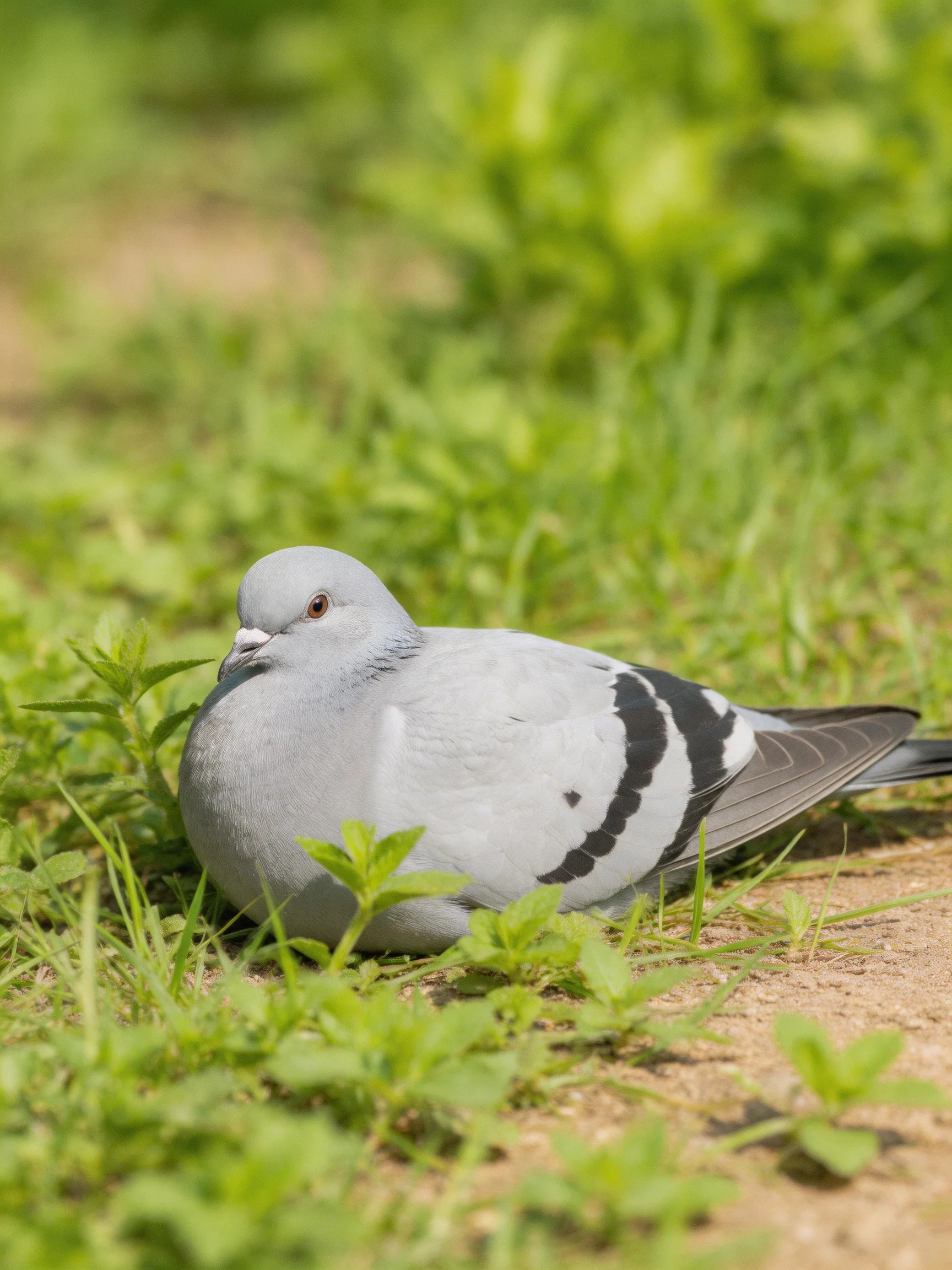 A gray pigeon sits calmly amid green plants and a dirt area.
