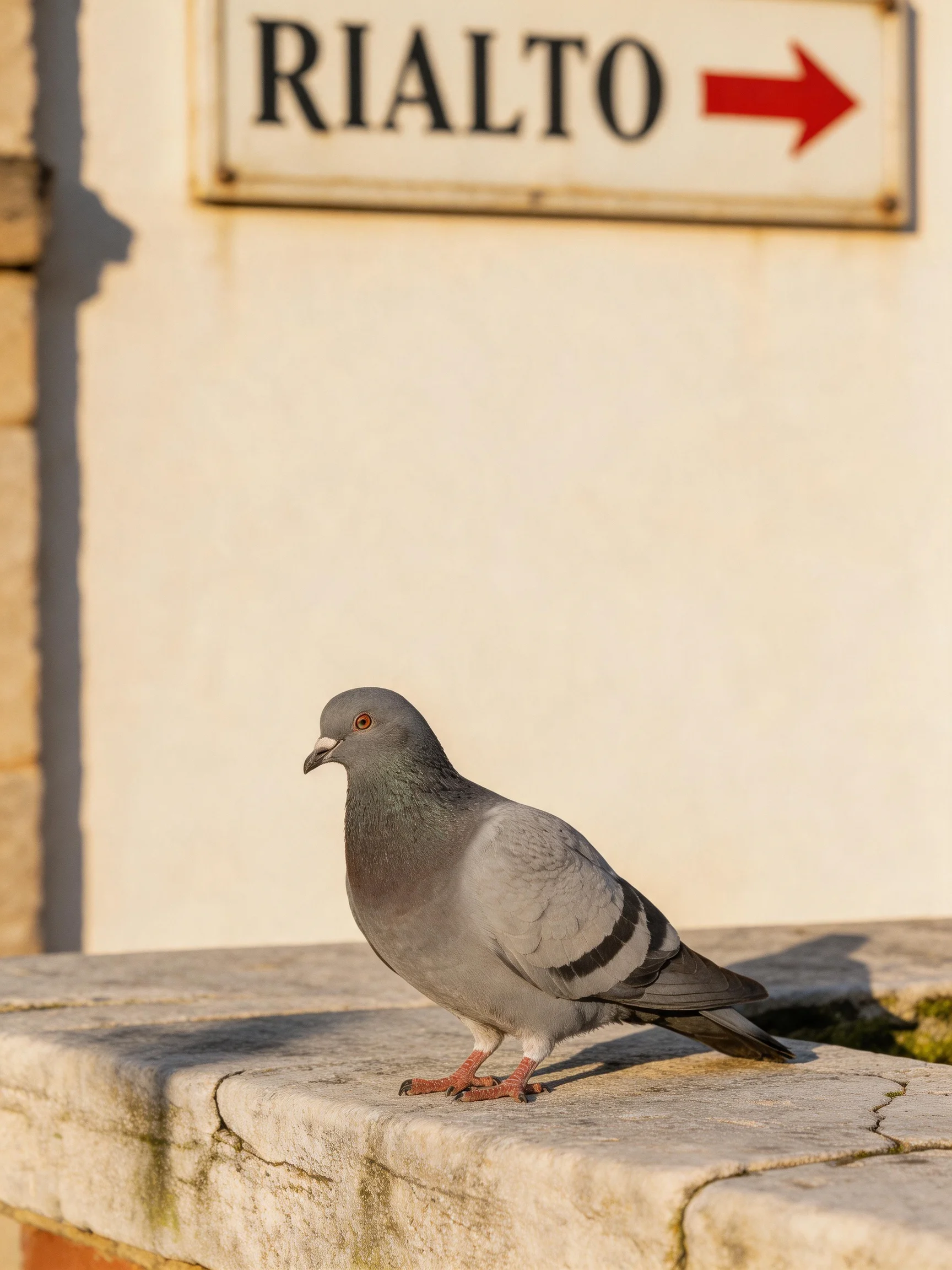 A gray pigeon rests beside a vintage Rialto directional sign