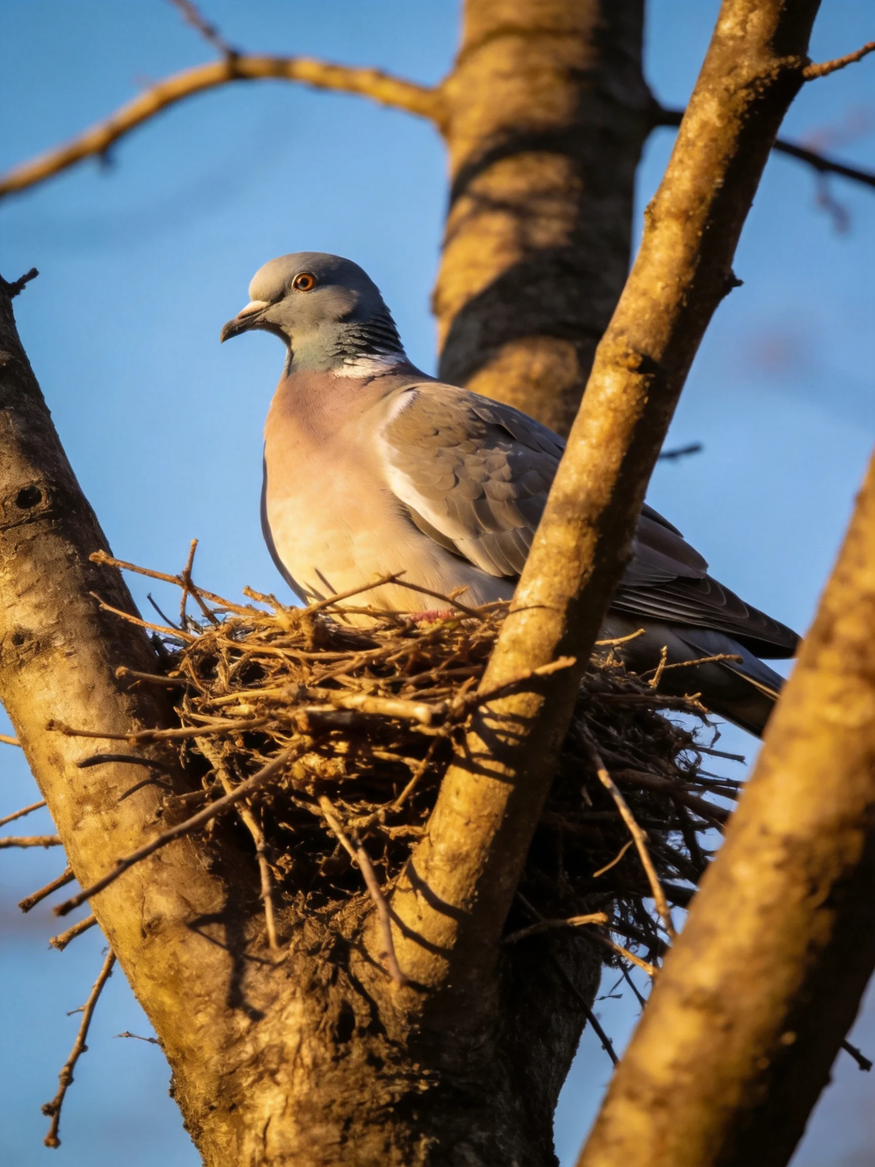 A gray pigeon rests in a twig nest amid golden-brown tree branches