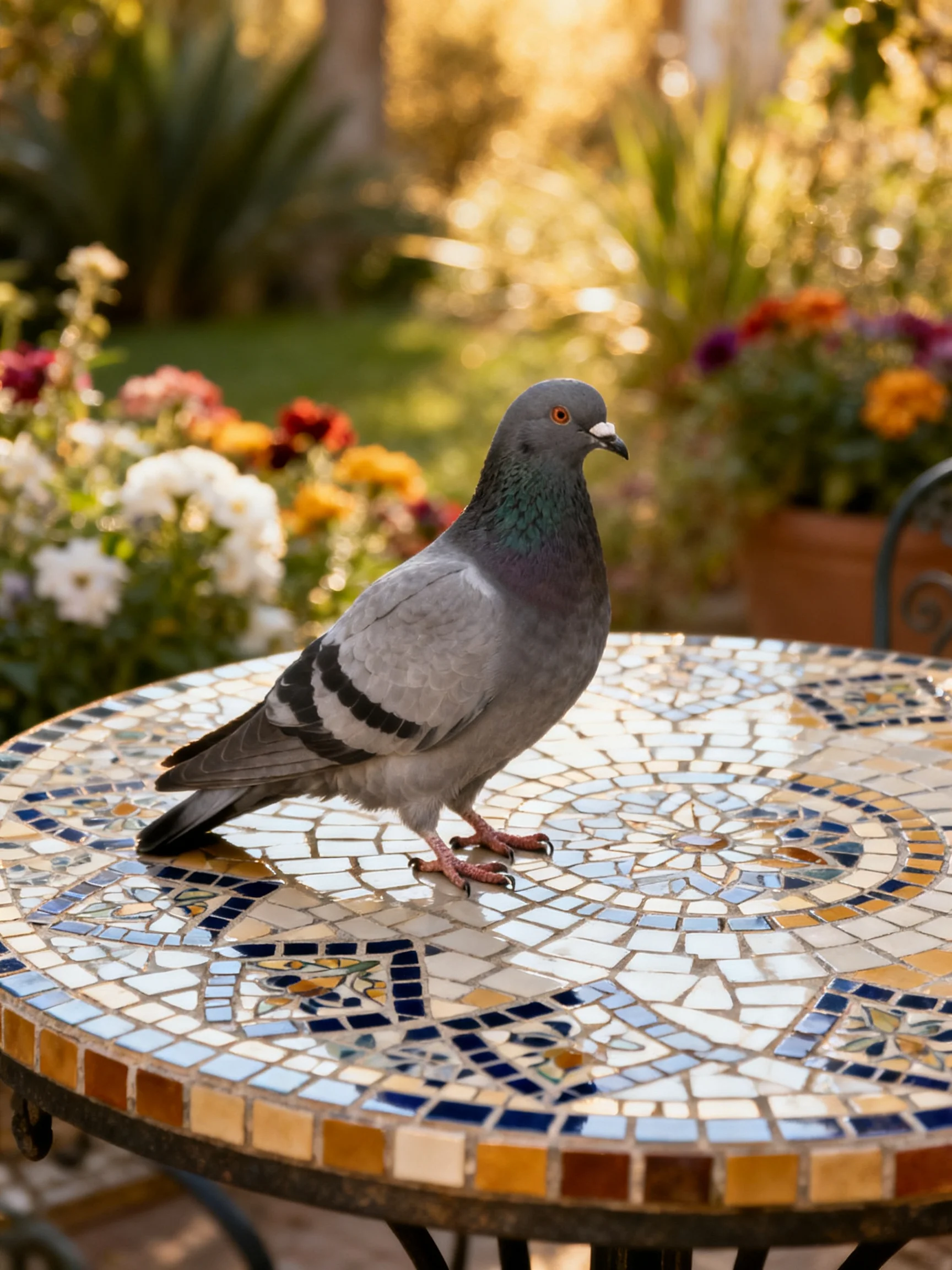 A gray pigeon rests on a colorful mosaic table amid blooming flowers