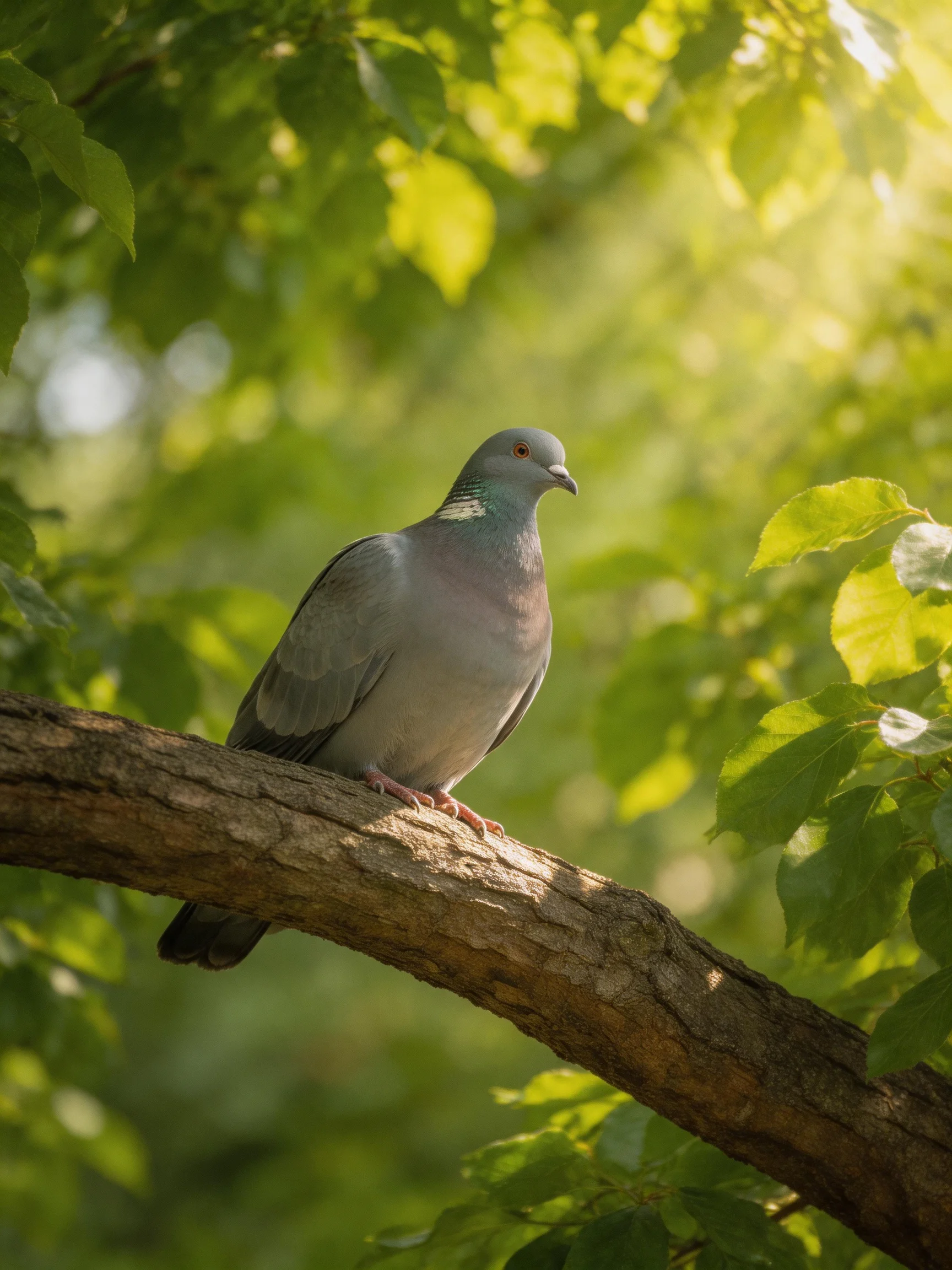 A gray pigeon rests on a thick brown tree branch among green leaves