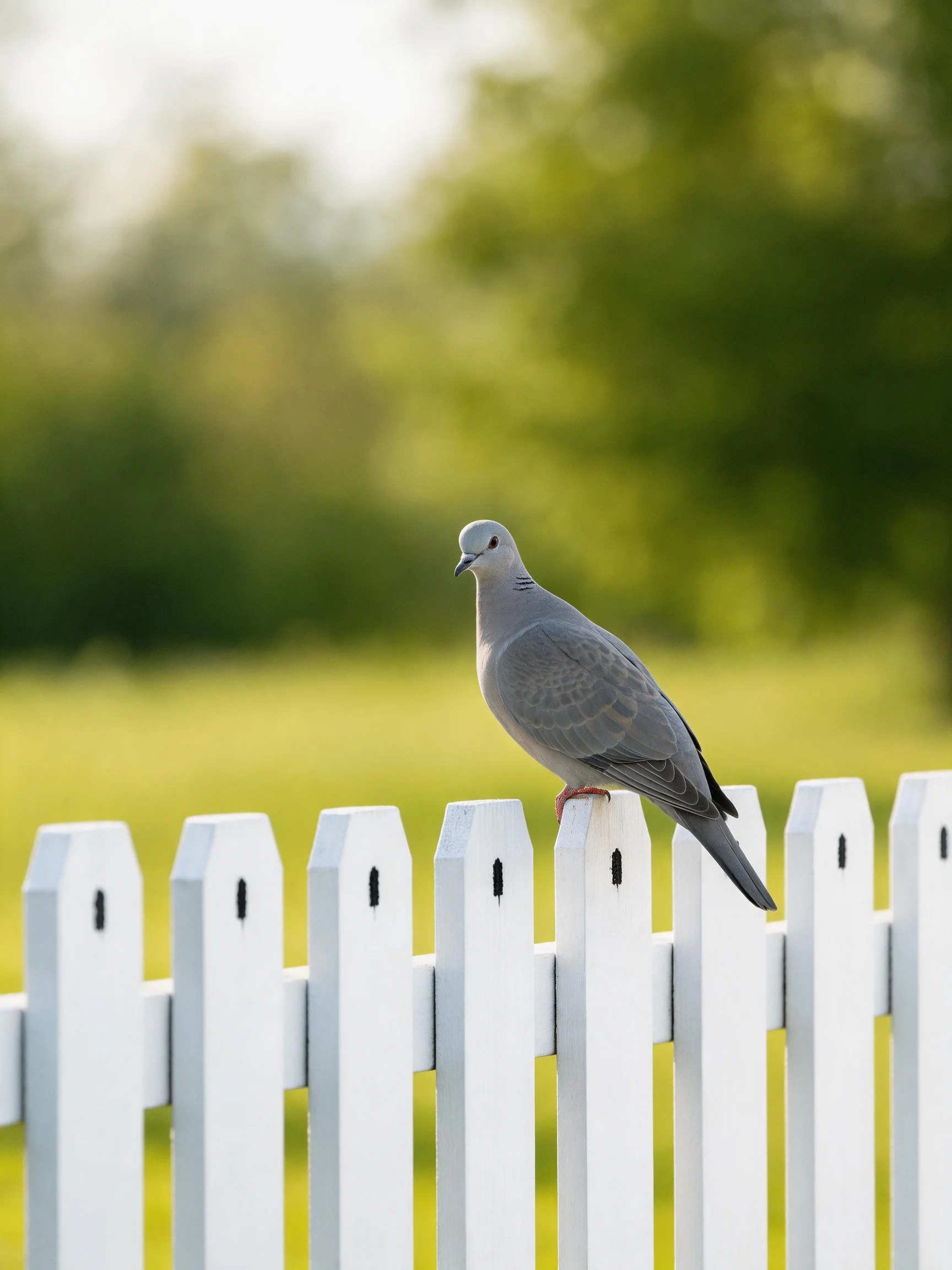 A gray pigeon sits atop a white picket fence with blurred greenery.