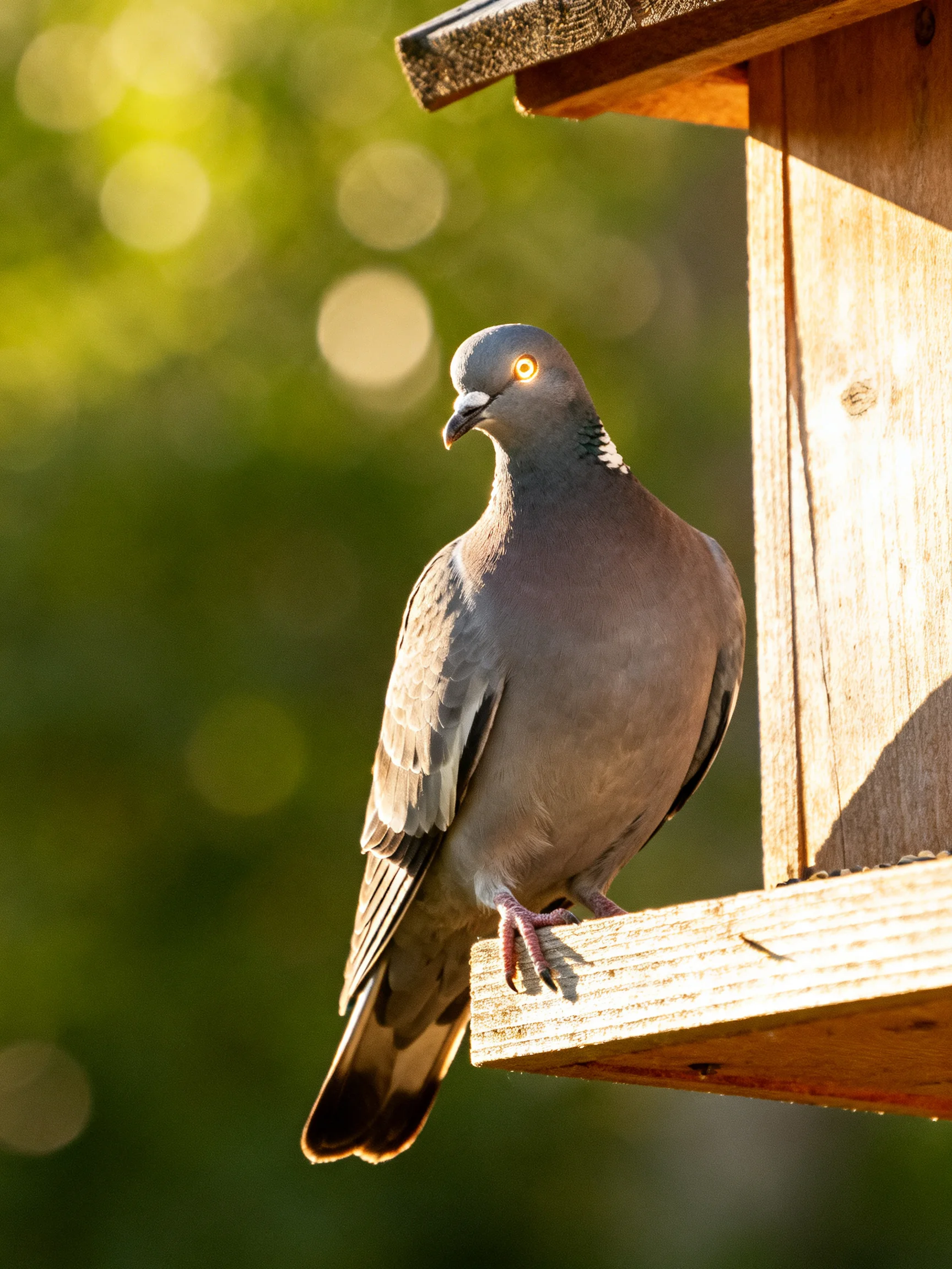 A gray pigeon perches on a wooden bird feeder in a sunlit outdoor setting.