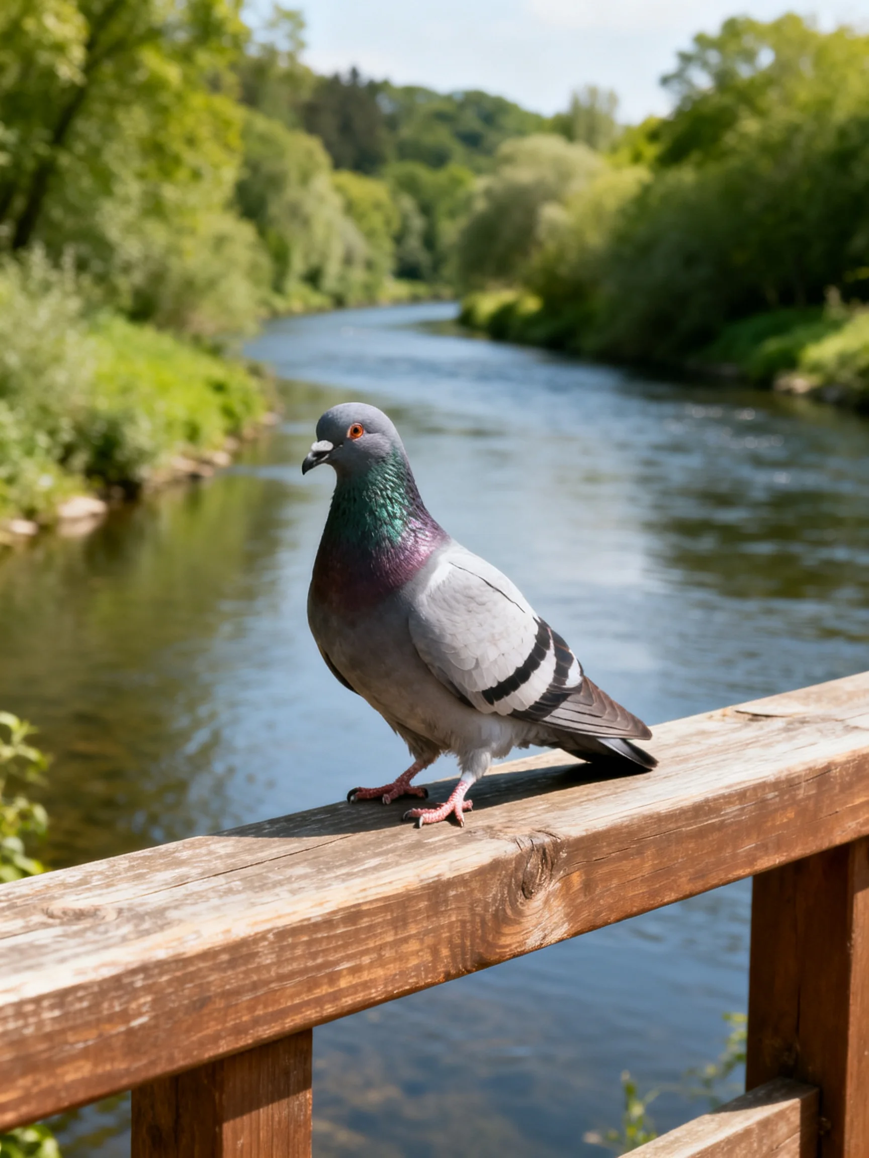 A gray pigeon rests on a wooden railing by a winding river