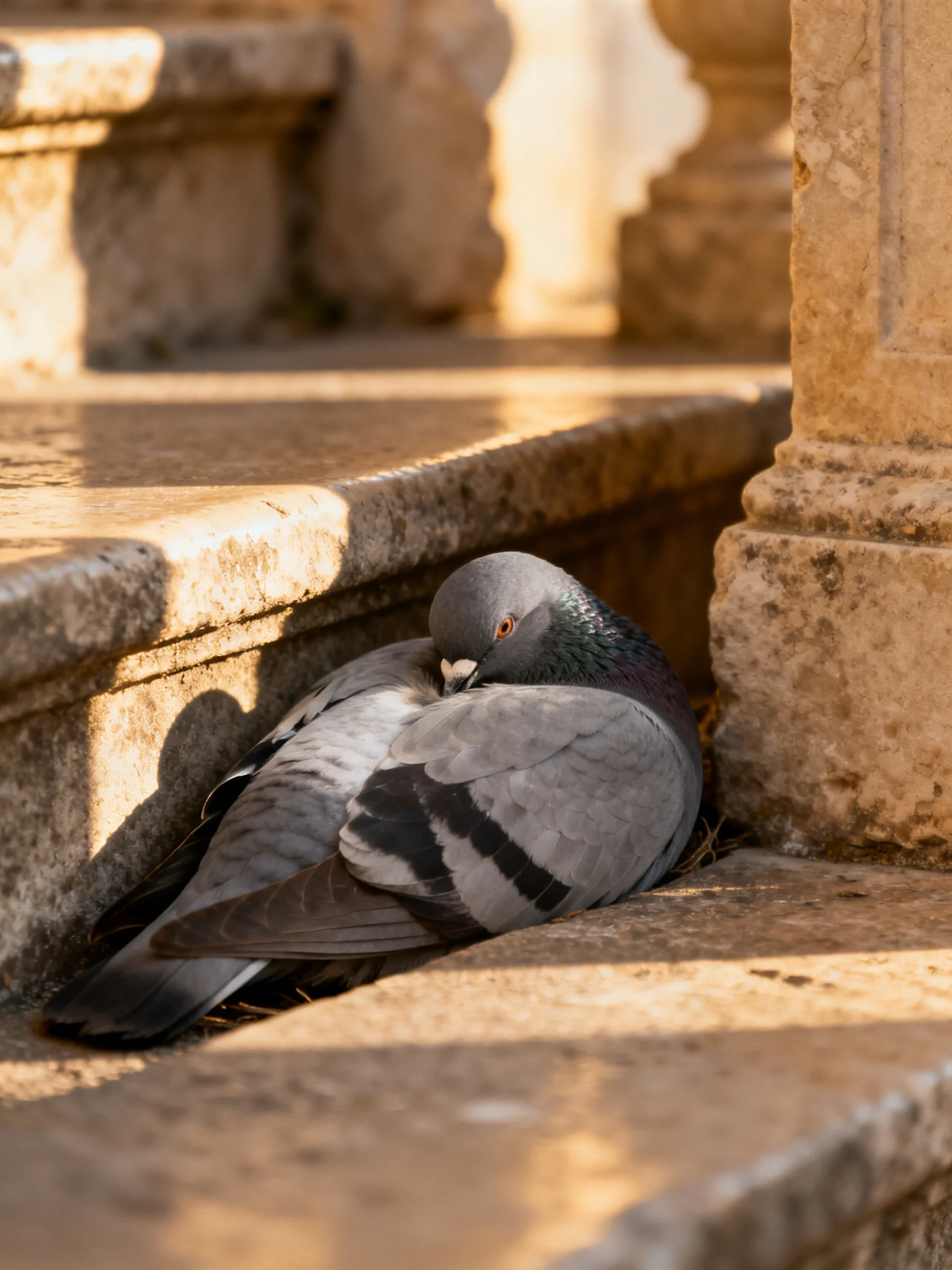 A gray pigeon rests on aged stone steps in golden light