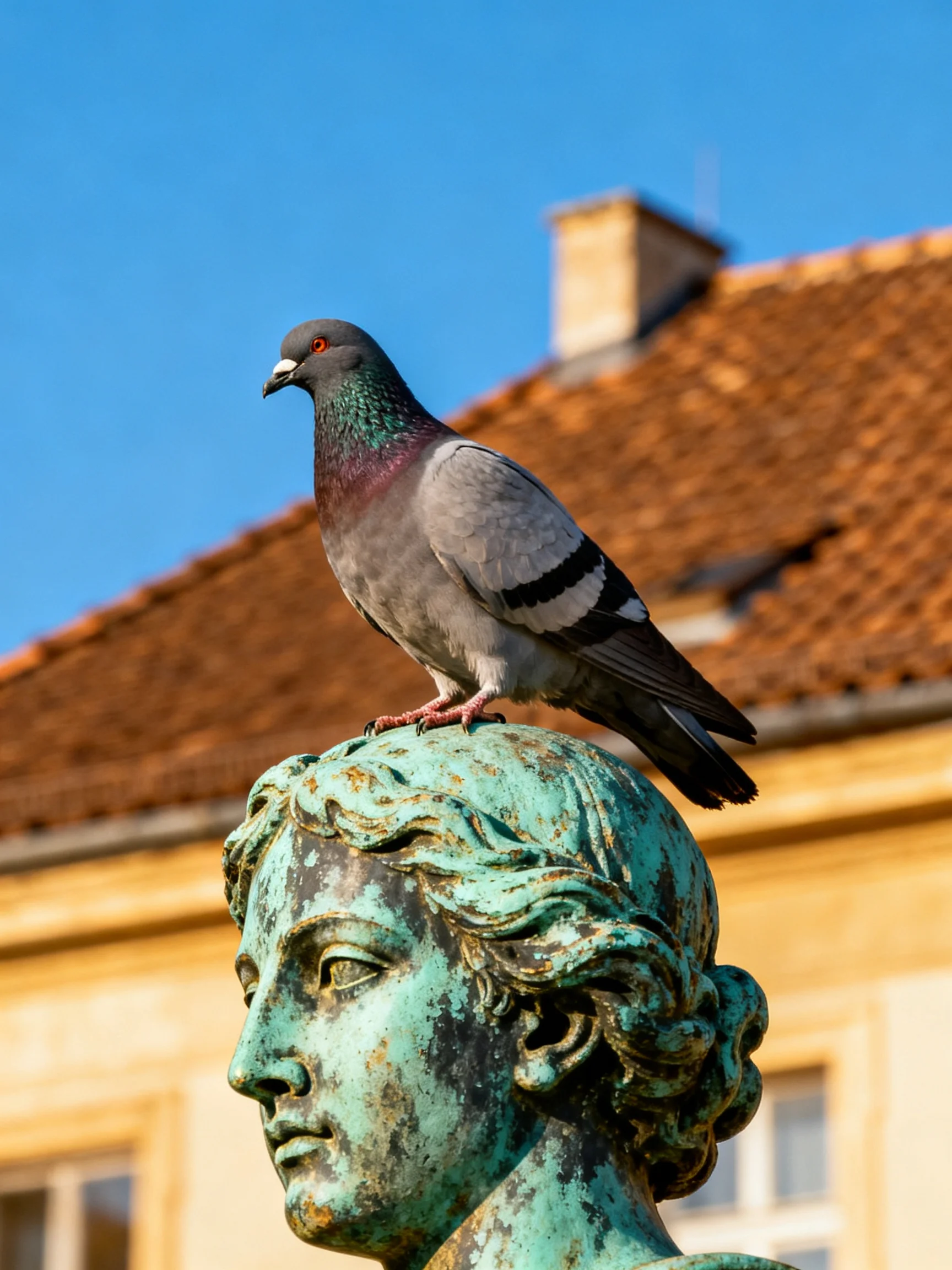 A gray pigeon rests on an aged turquoise statue beside a building with a terracotta-tiled roof.