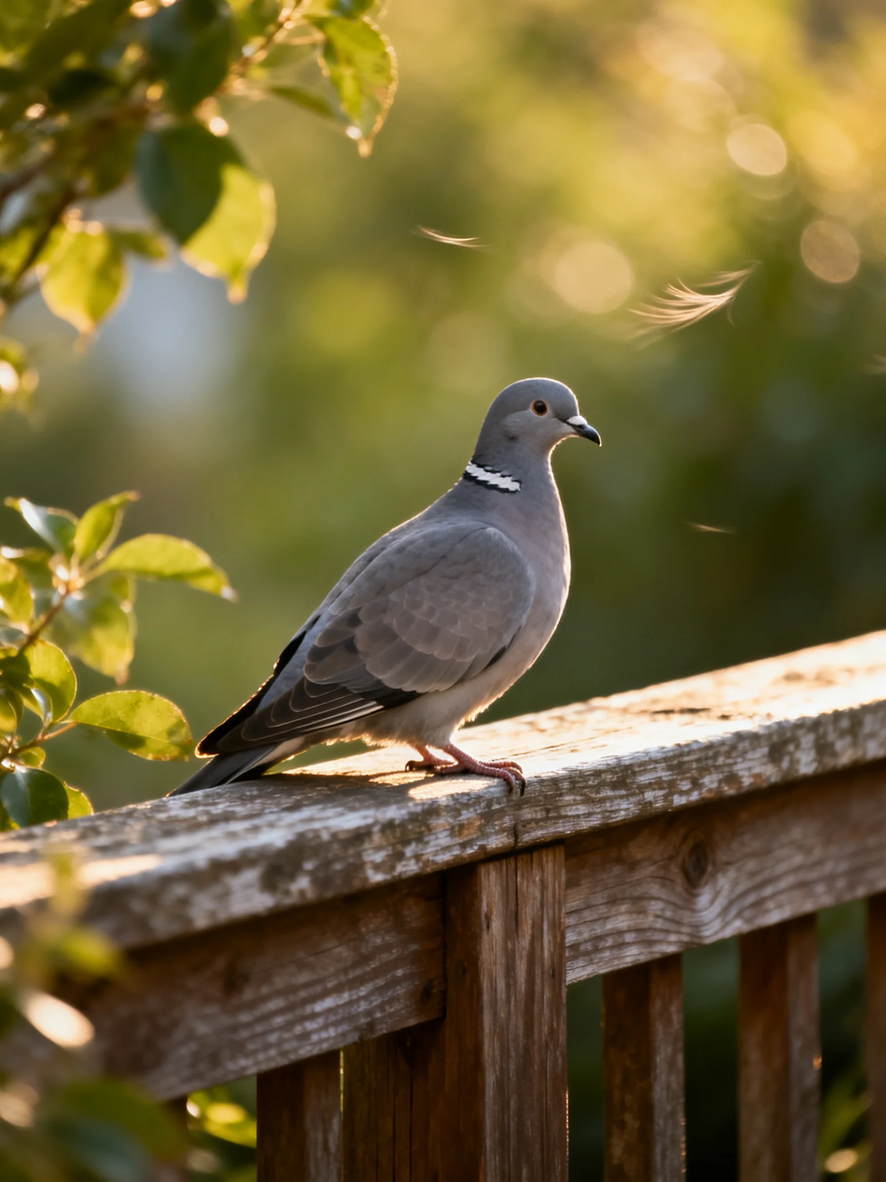 A gray pigeon rests on an aged wooden railing near lush greenery