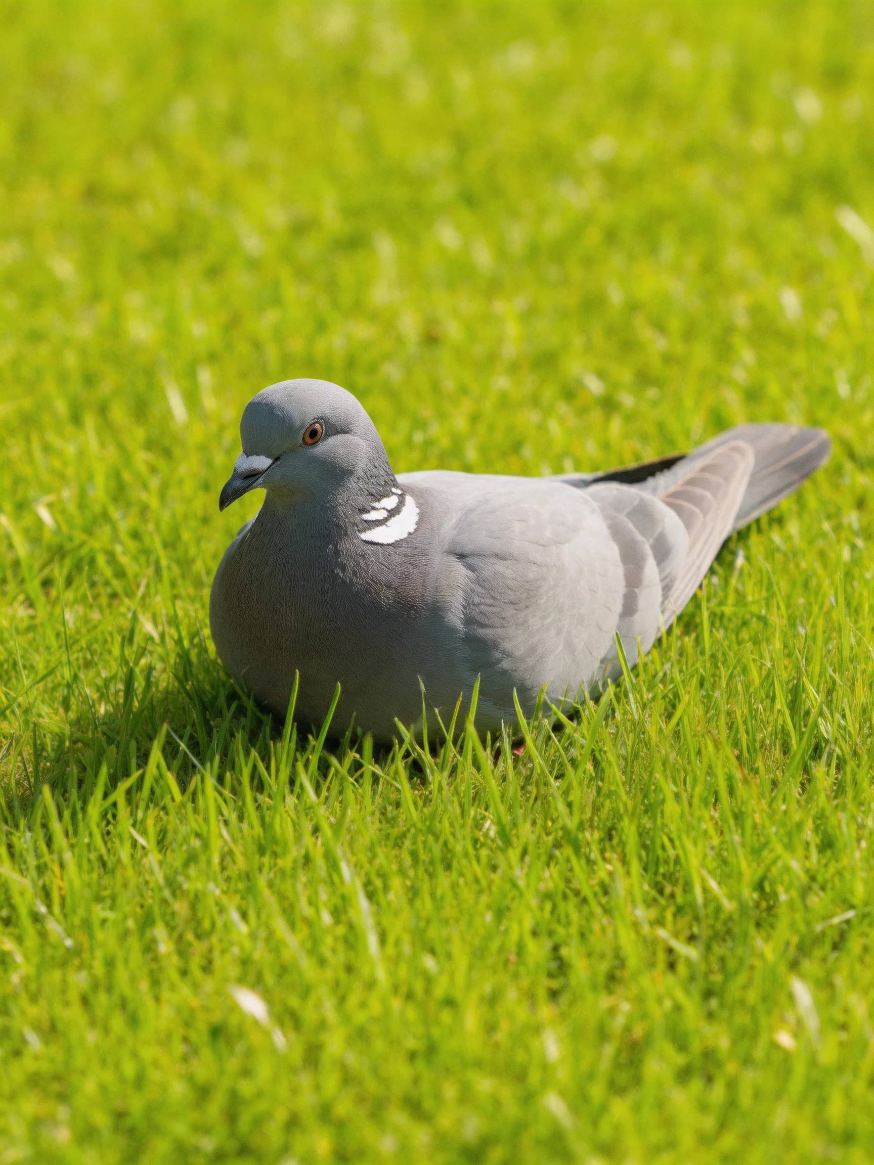 A gray pigeon rests on green grass.