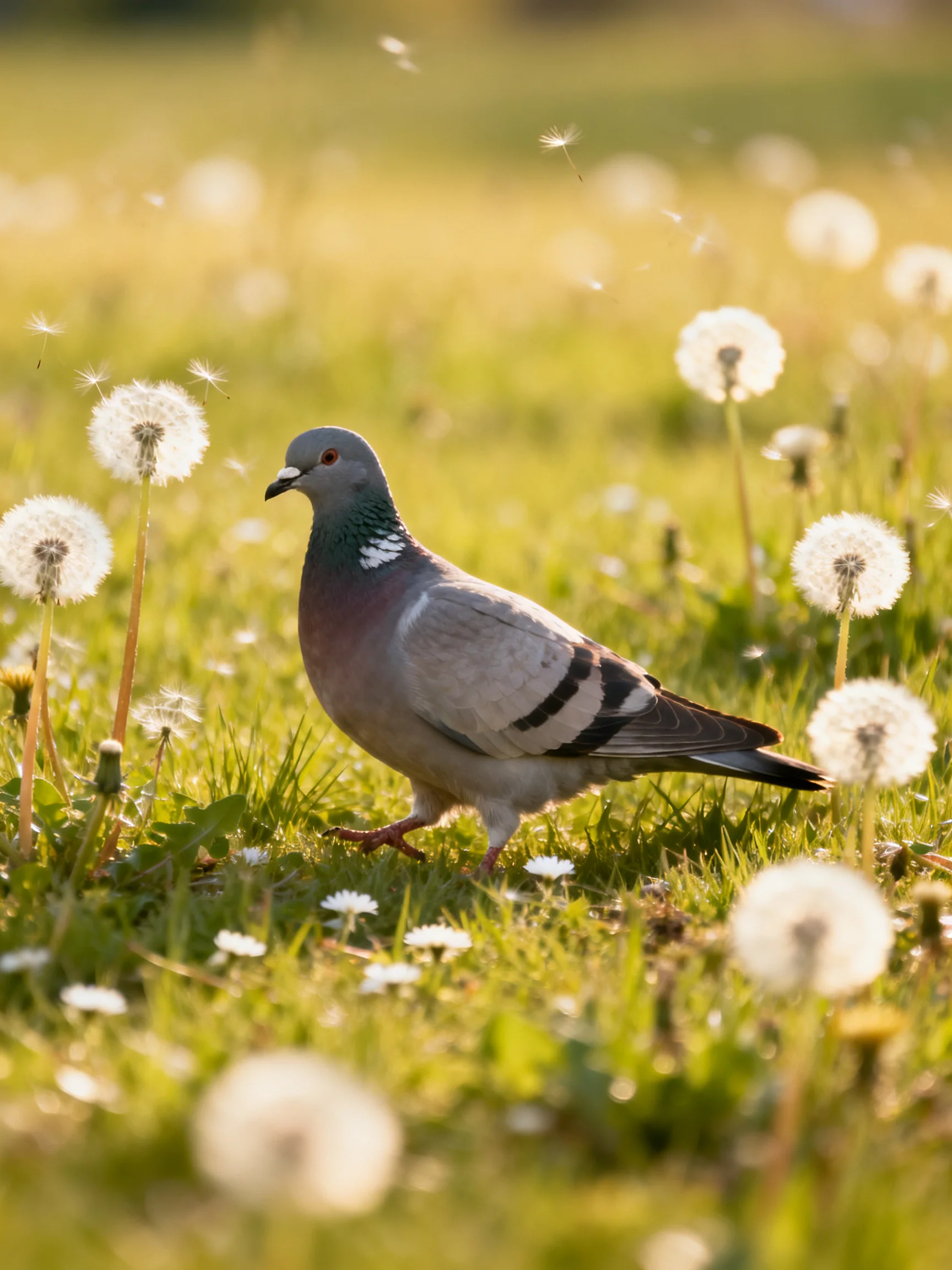A gray pigeon roams a sunlit meadow with many white dandelions