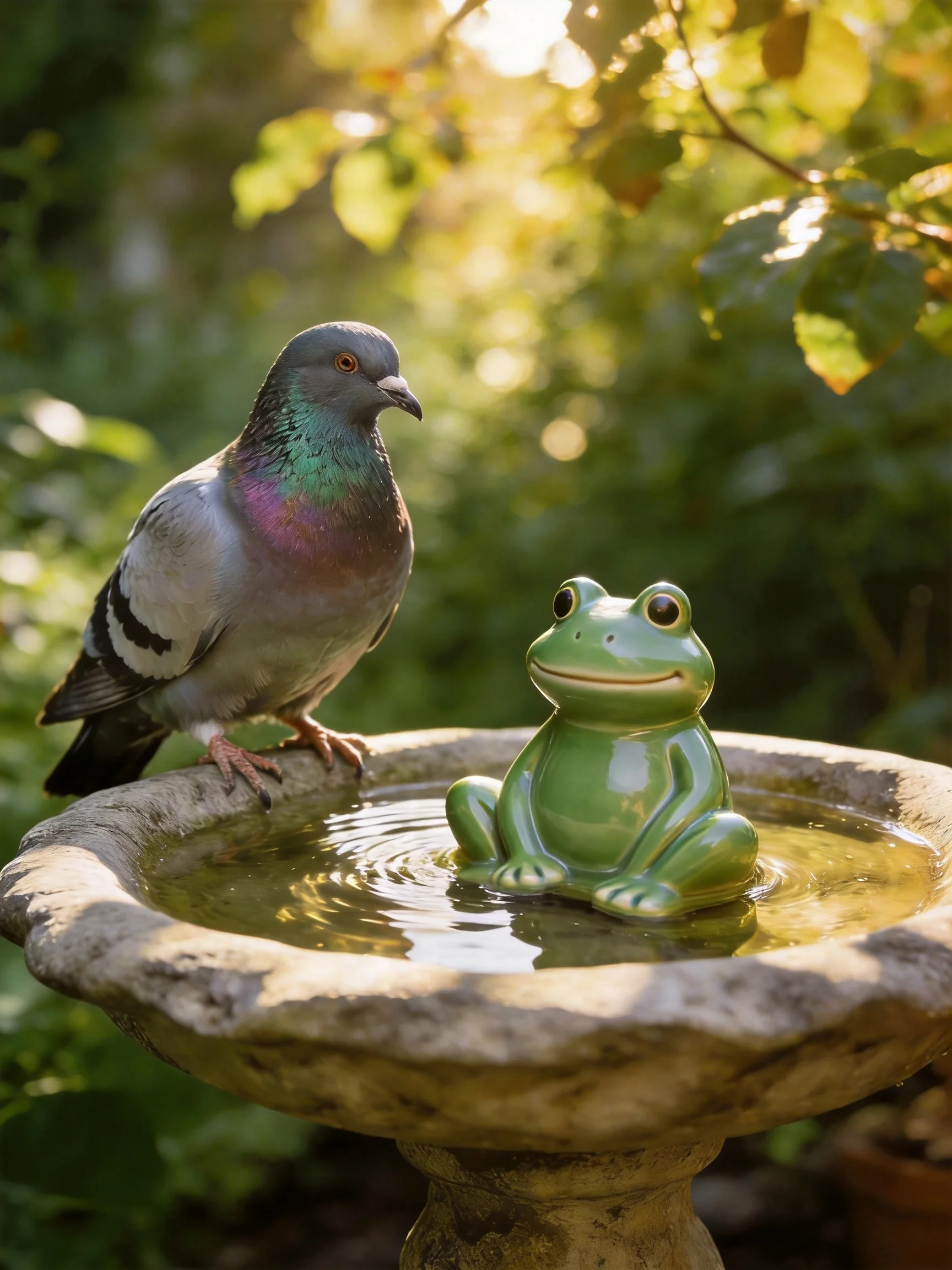 A gray pigeon sits beside a green frog figurine in a stone birdbath