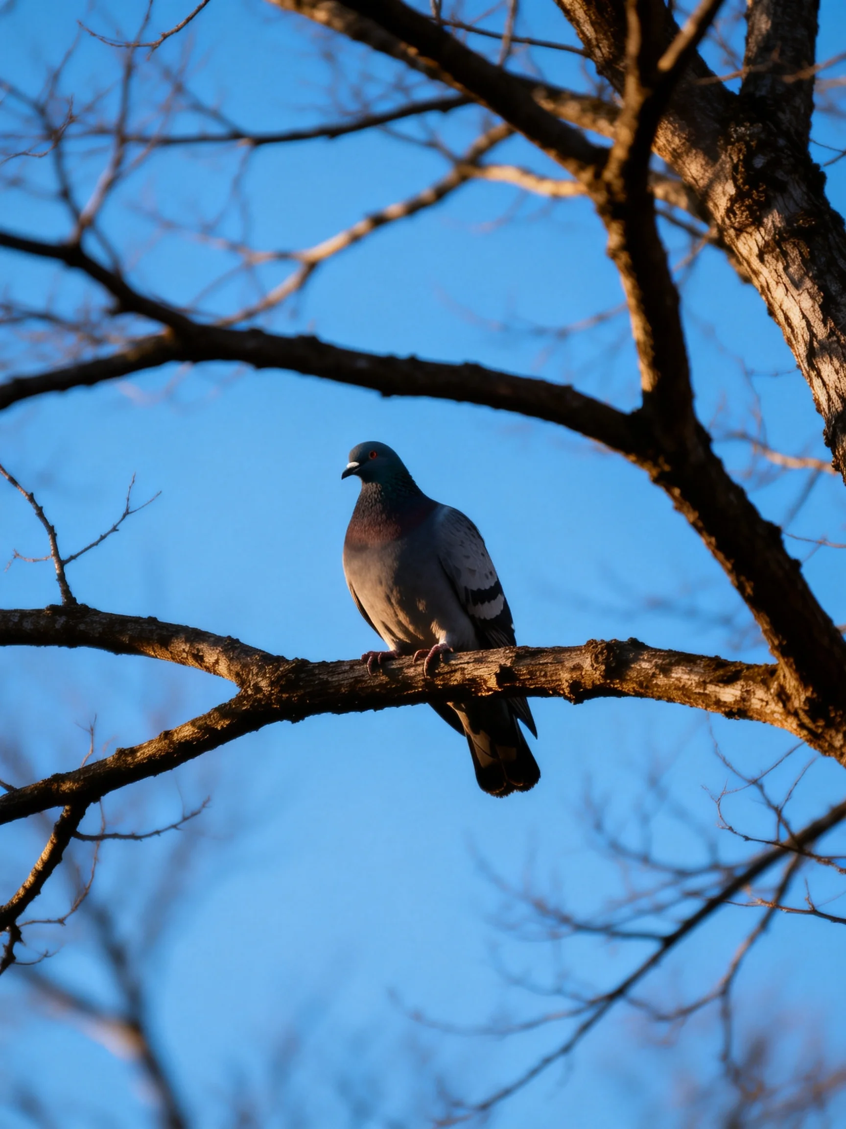 A gray pigeon rests on a brown tree branch beneath a clear blue sky.