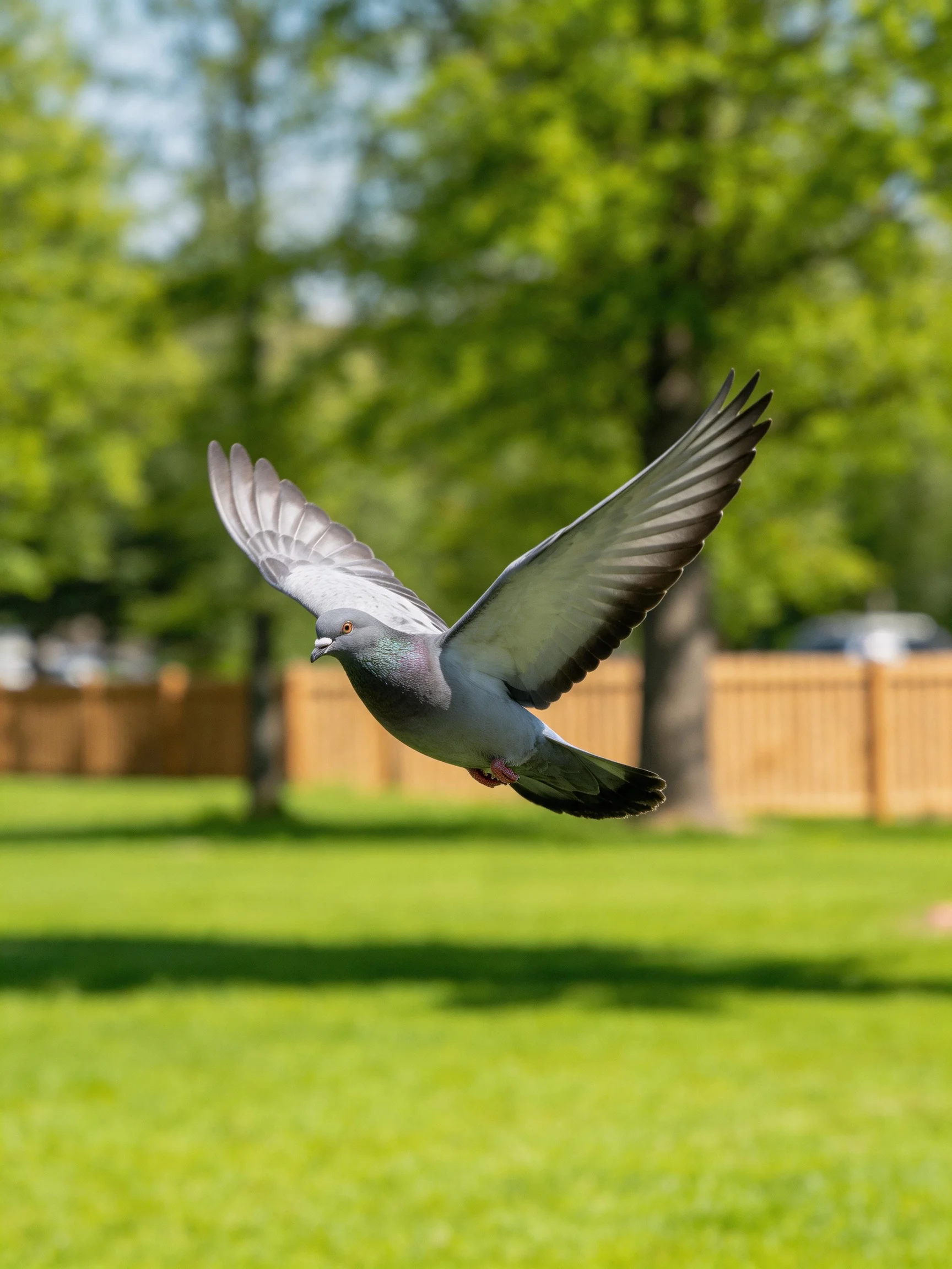 A gray pigeon soars over a lush green park with wooden fences