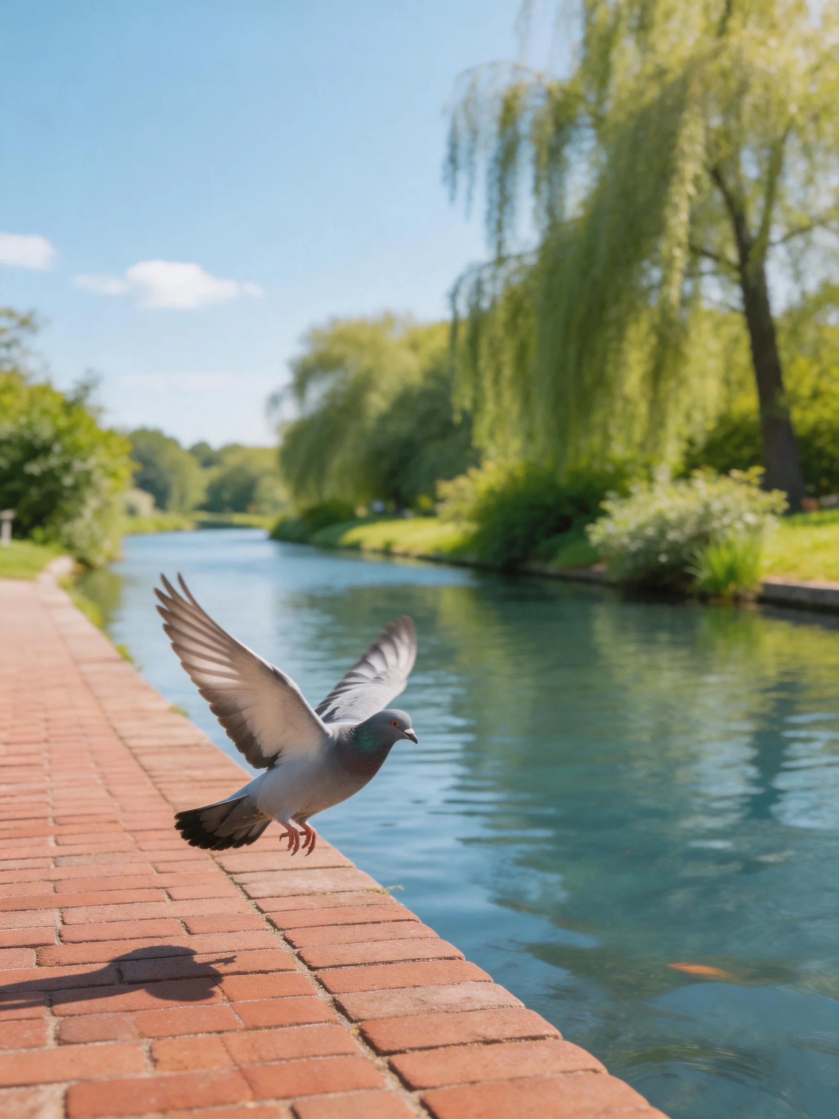 A gray pigeon soars over a red-brick pathway beside a calm waterway