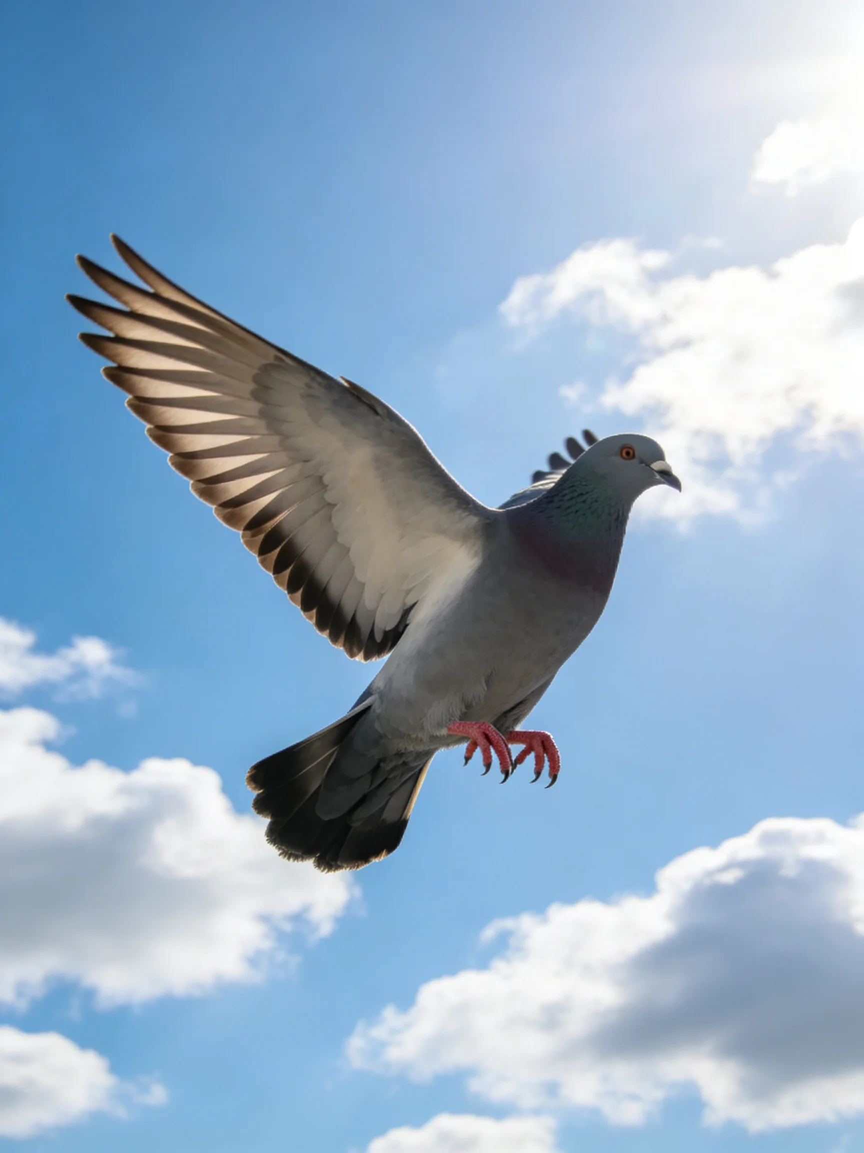 A gray pigeon soars through a bright blue sky with scattered clouds