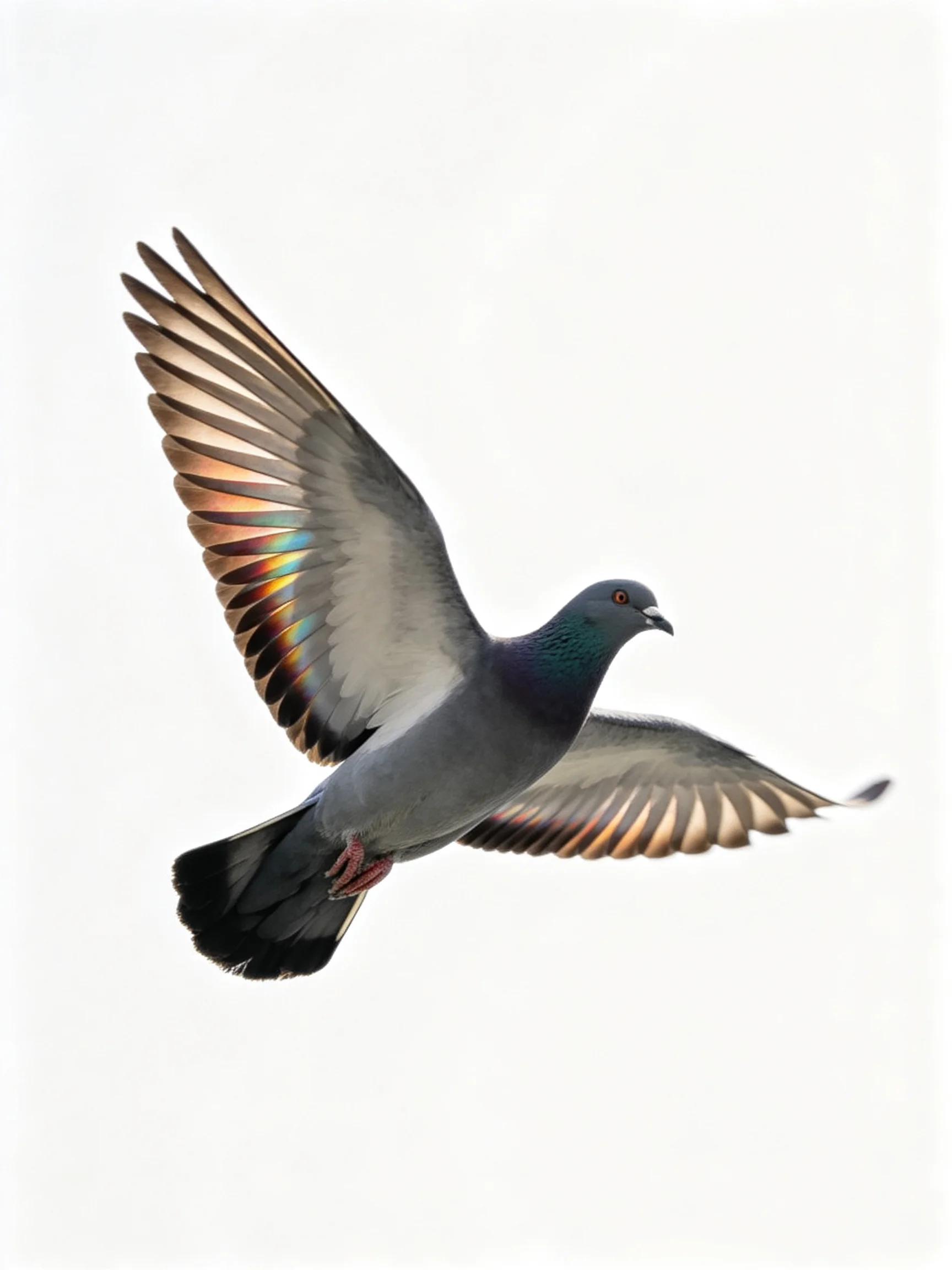 A gray pigeon soars with iridescent wing feathers against a white backdrop