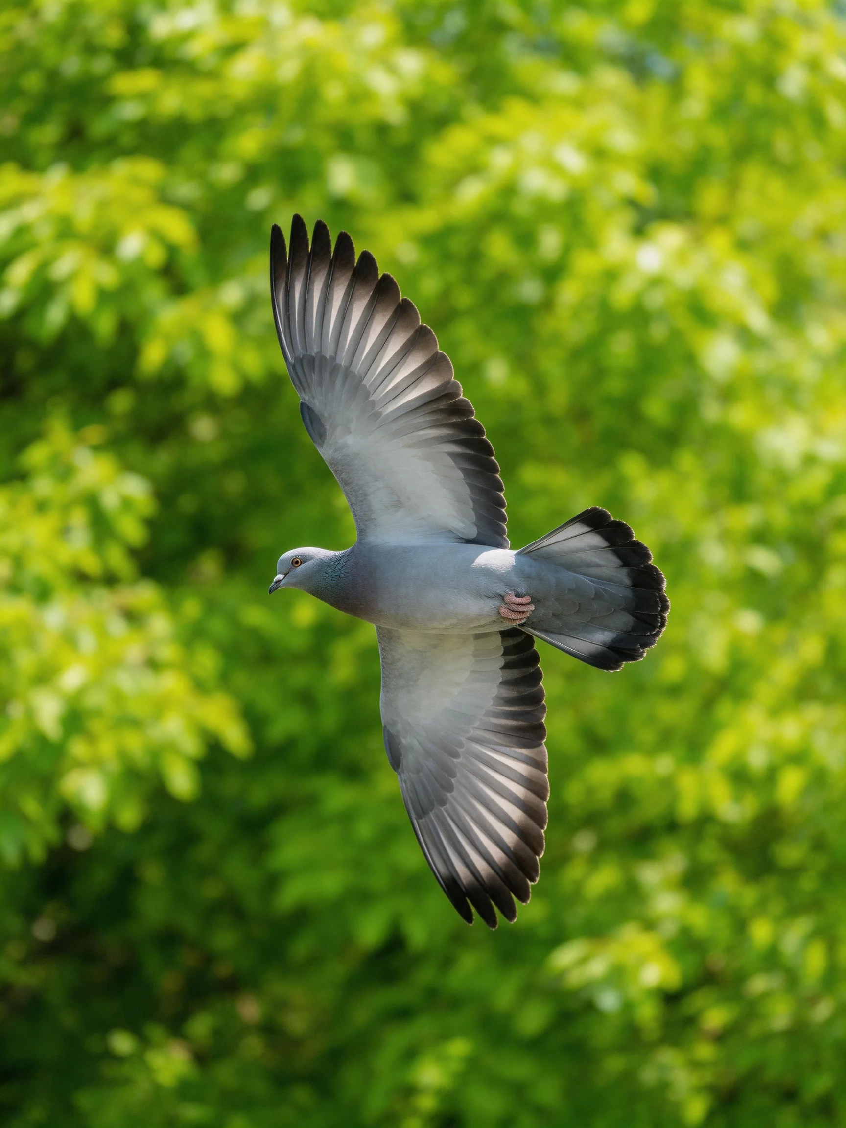 A gray pigeon soars with outstretched wings amid lush green trees