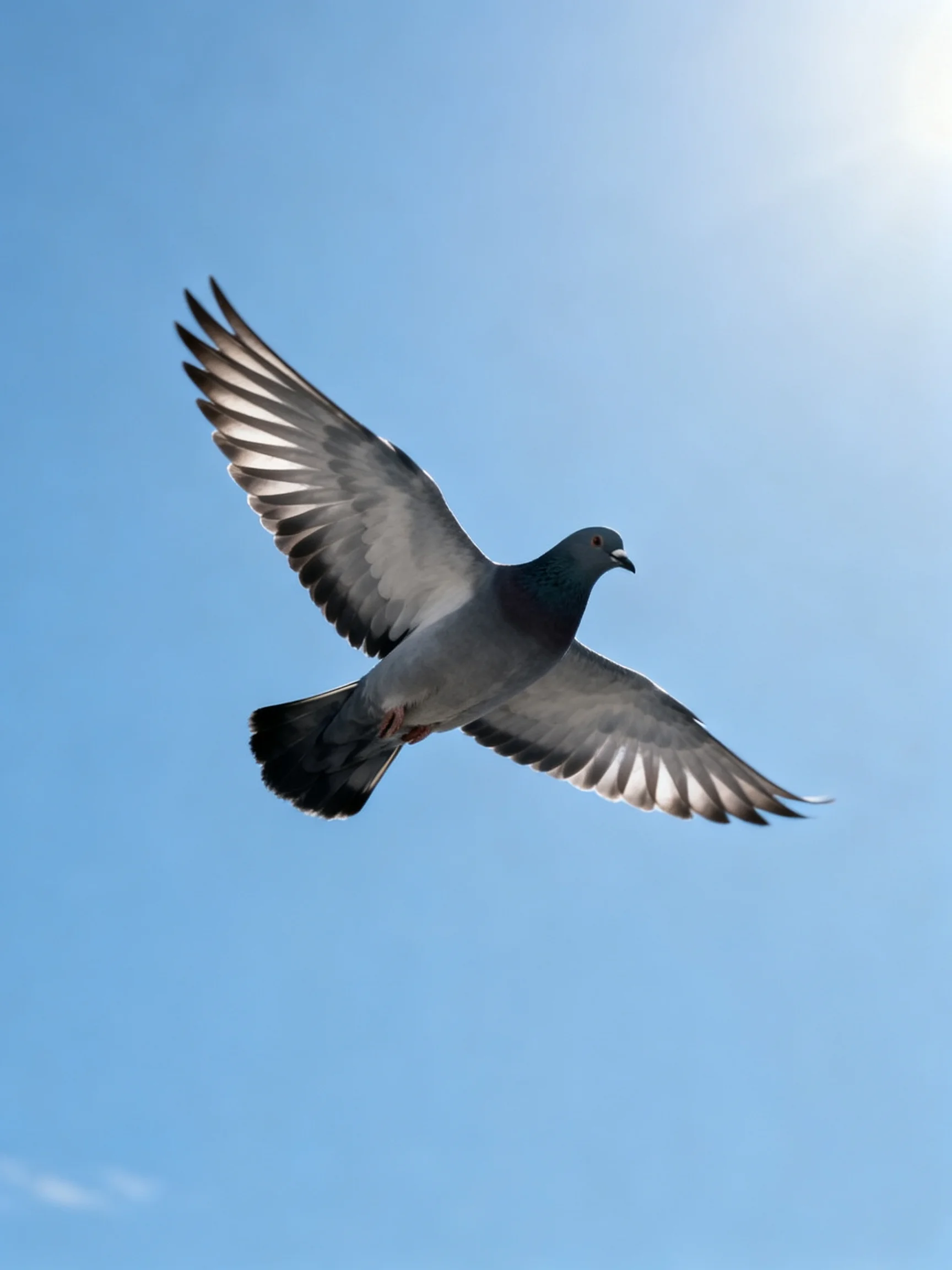 A gray pigeon soars with outstretched wings beneath bright blue sky