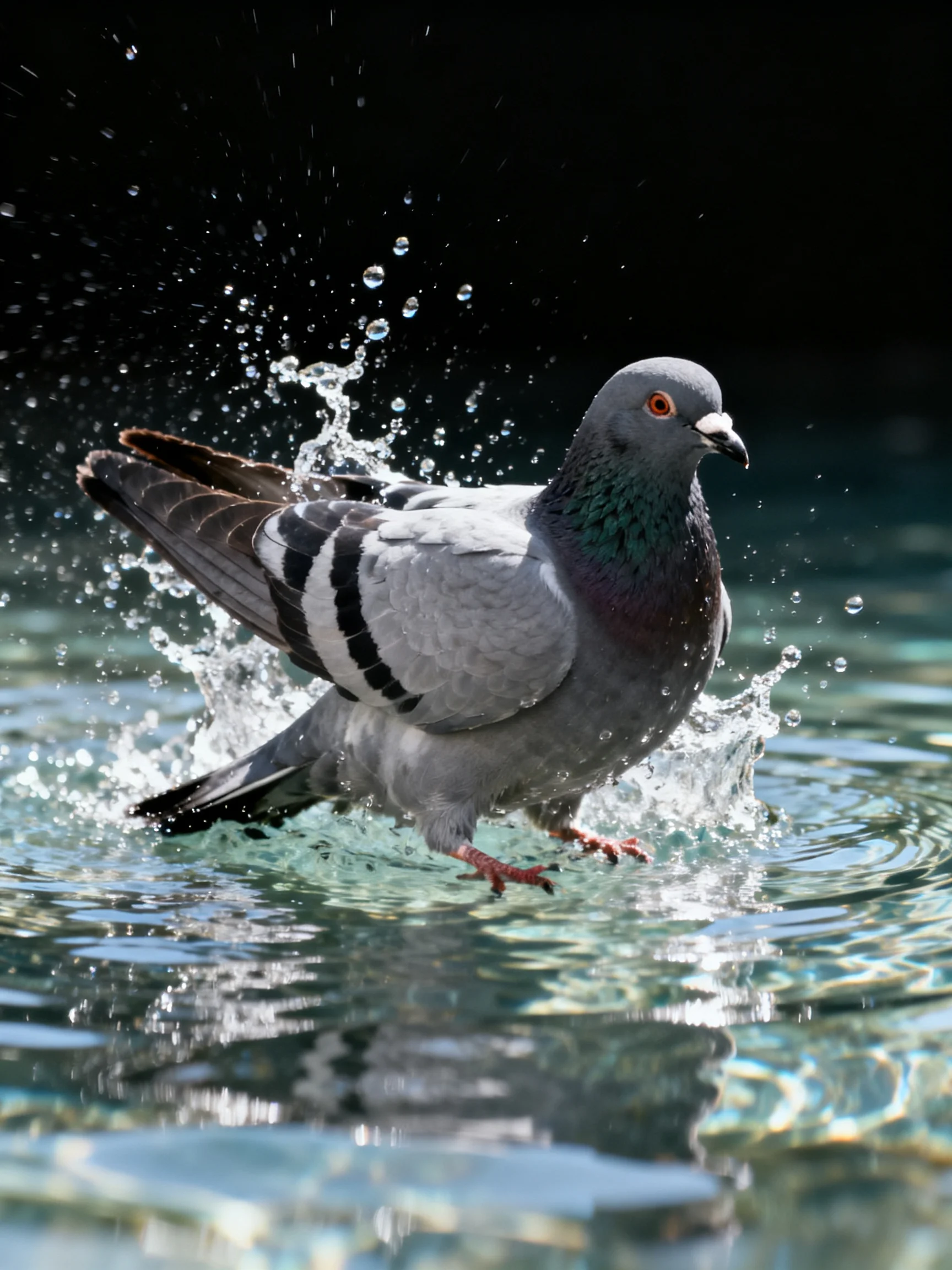 A gray pigeon splashes in clear water with droplets flying