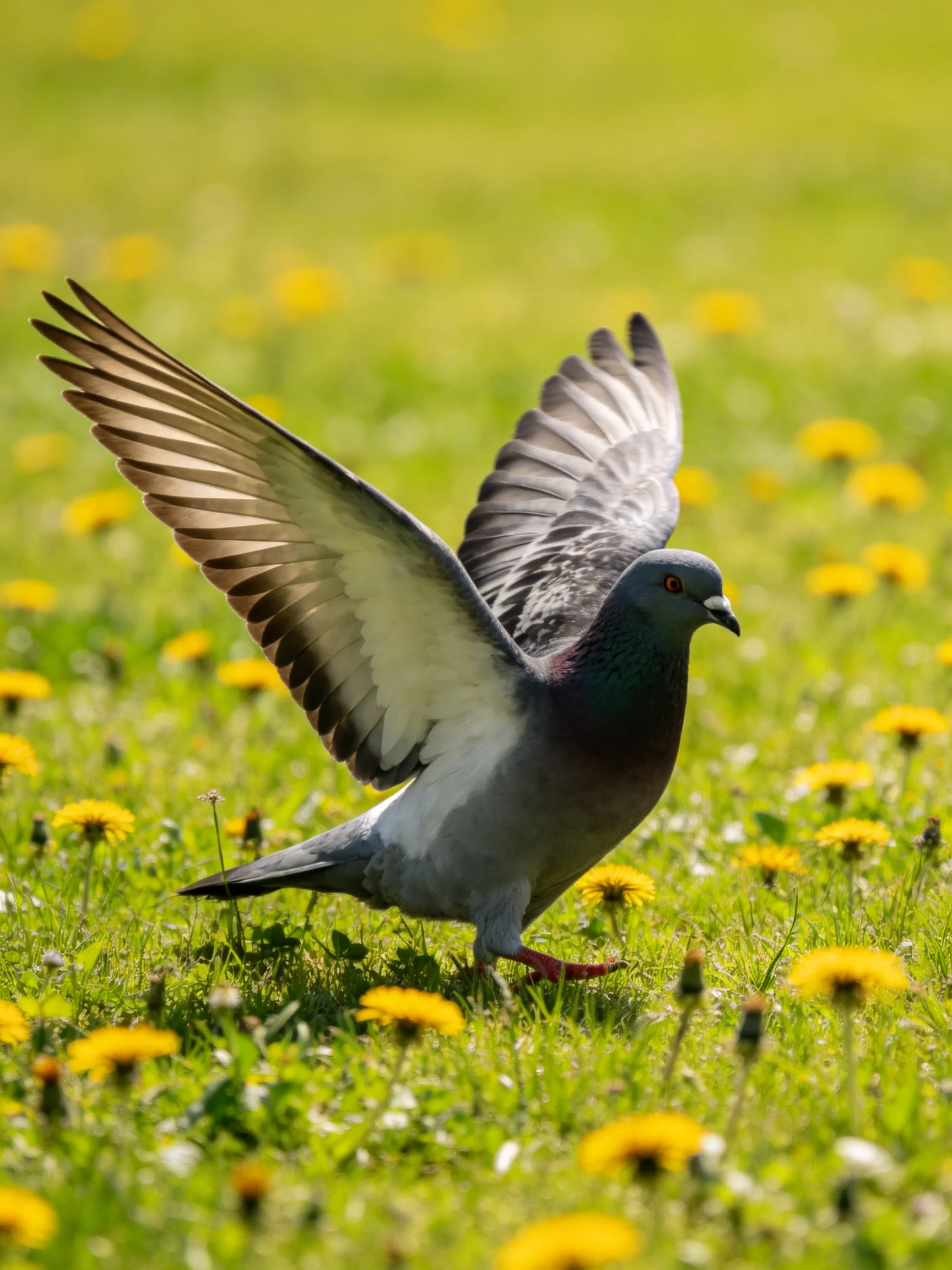 A gray pigeon spreads wings among bright yellow wildflowers