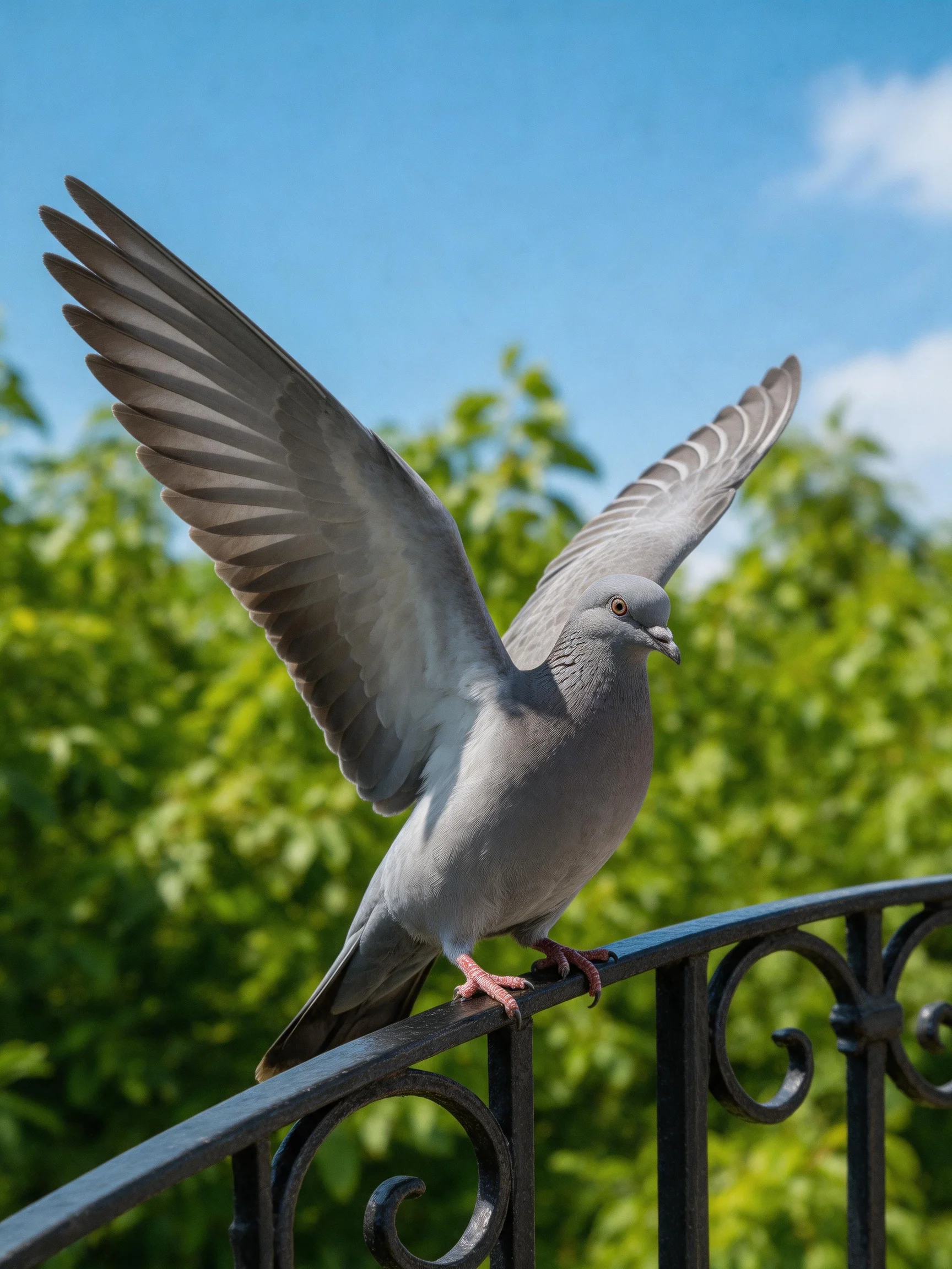 A gray pigeon spreads wings atop a black iron railing near lush green foliage