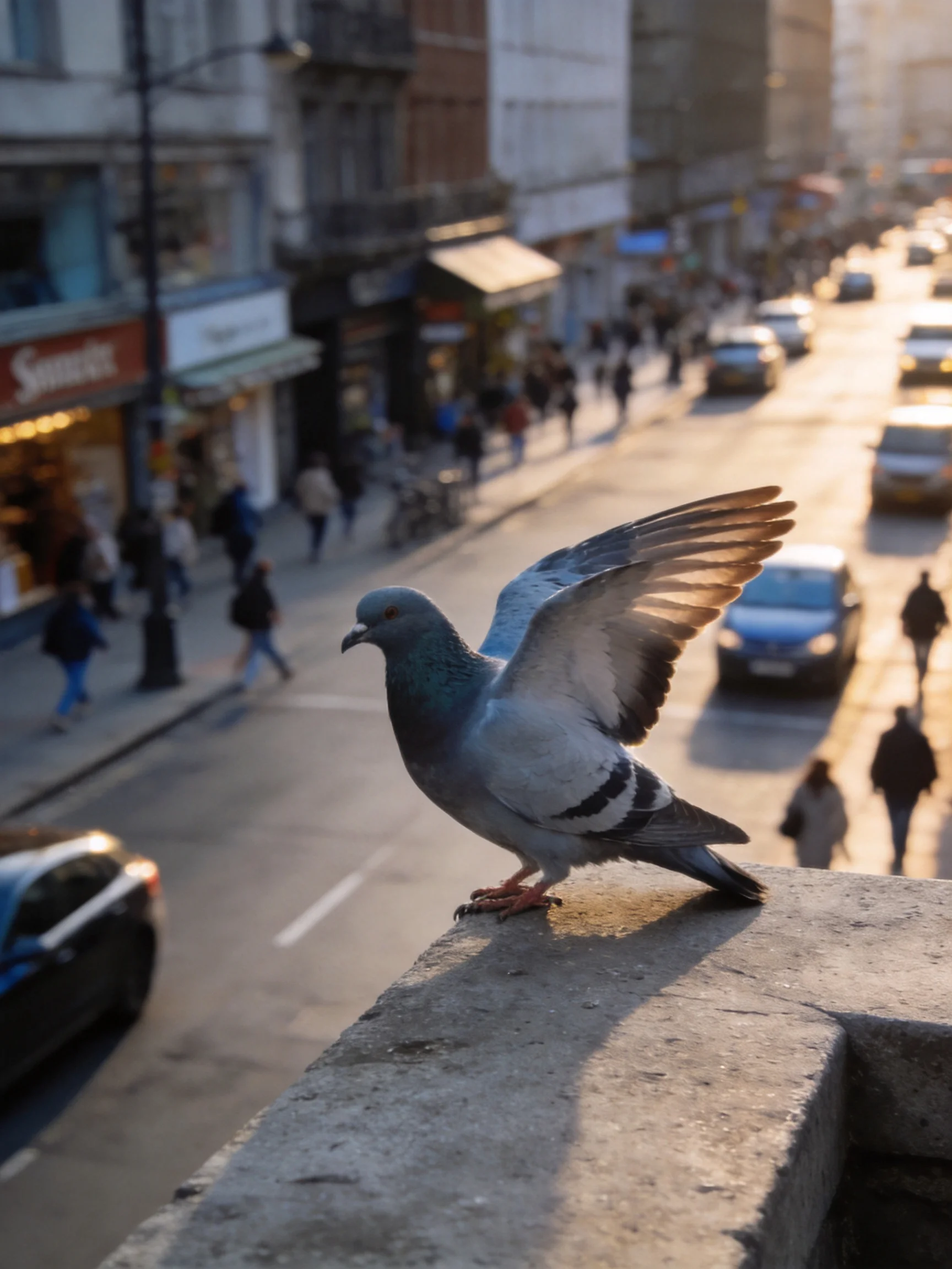 A gray pigeon spreads wings atop a concrete ledge over a busy urban street