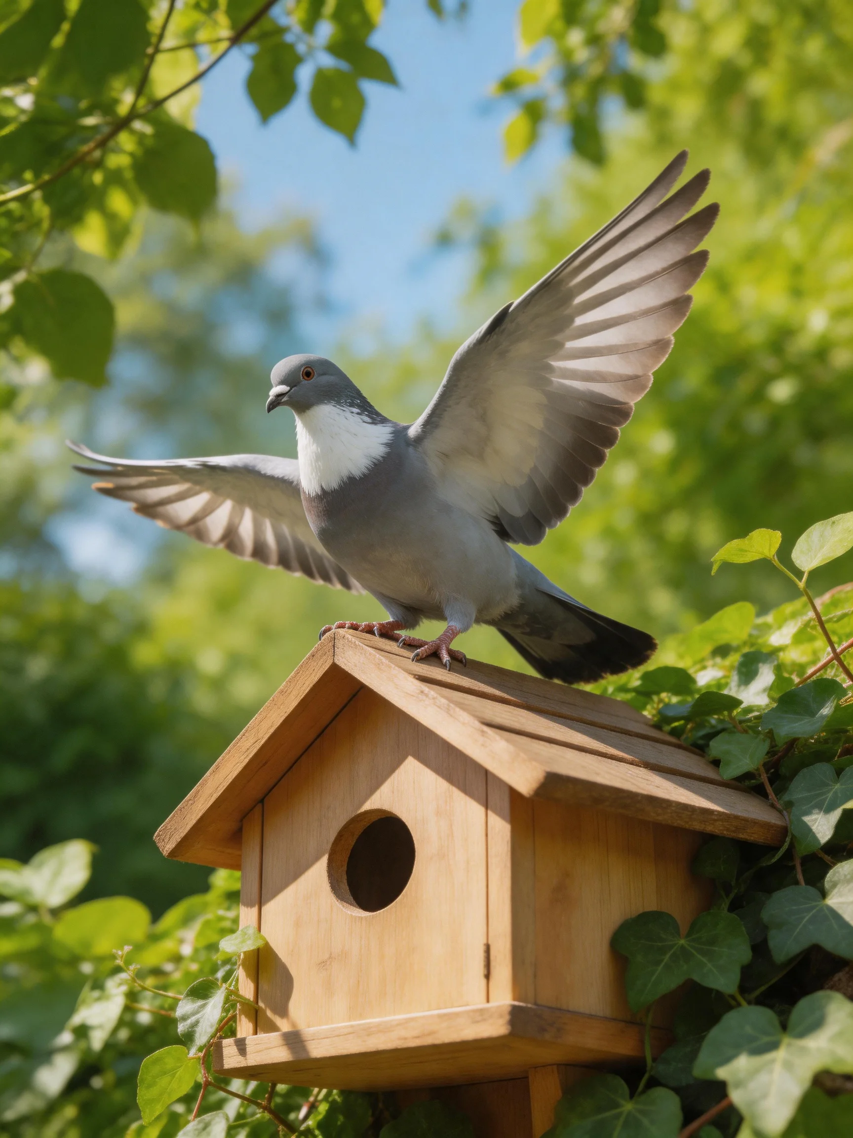 A gray pigeon spreads wings atop a wooden birdhouse amid lush green foliage