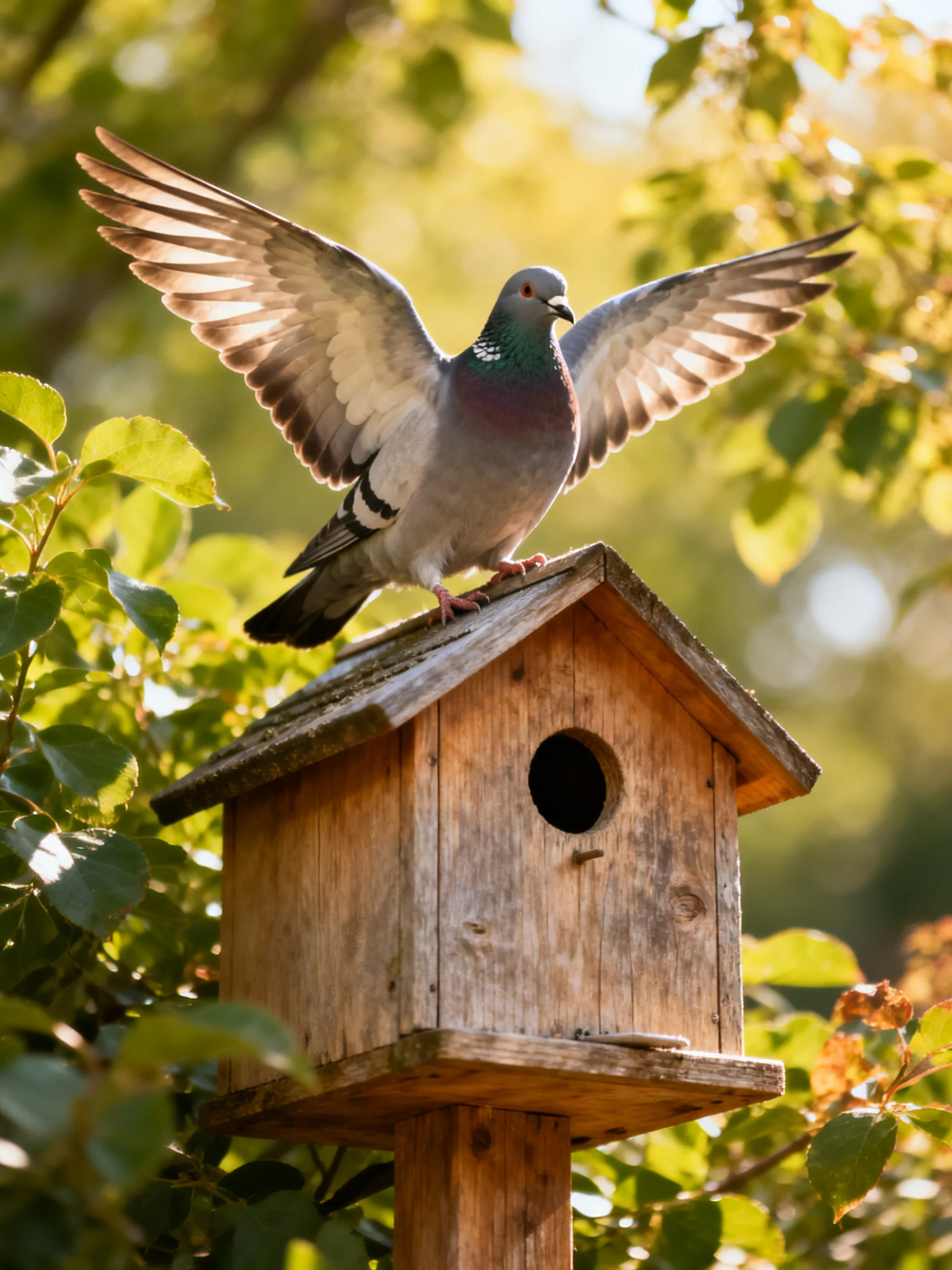 A gray pigeon spreads wings atop an aged wooden birdhouse