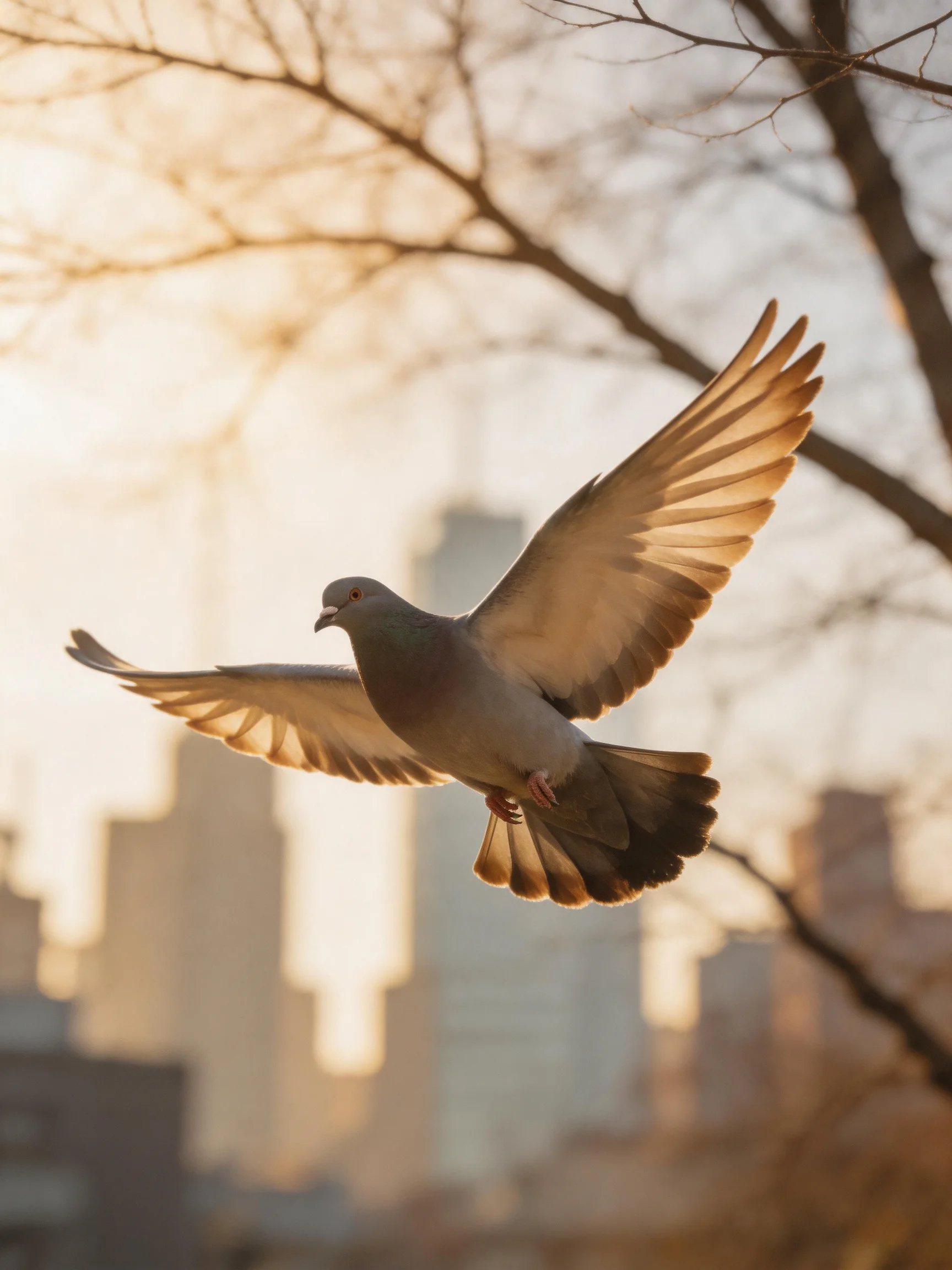 A gray pigeon spreads wings mid-flight near city skyscrapers