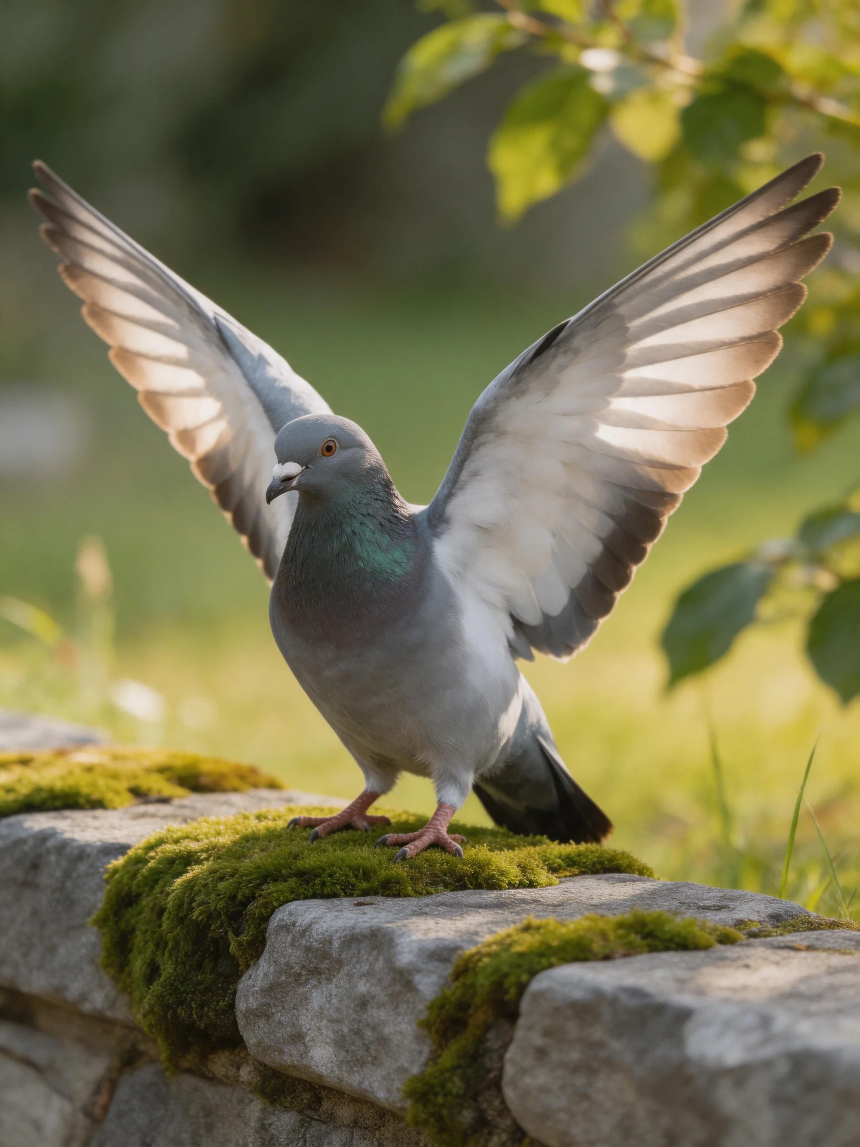 A gray pigeon spreads wings on a mossy stone ledge