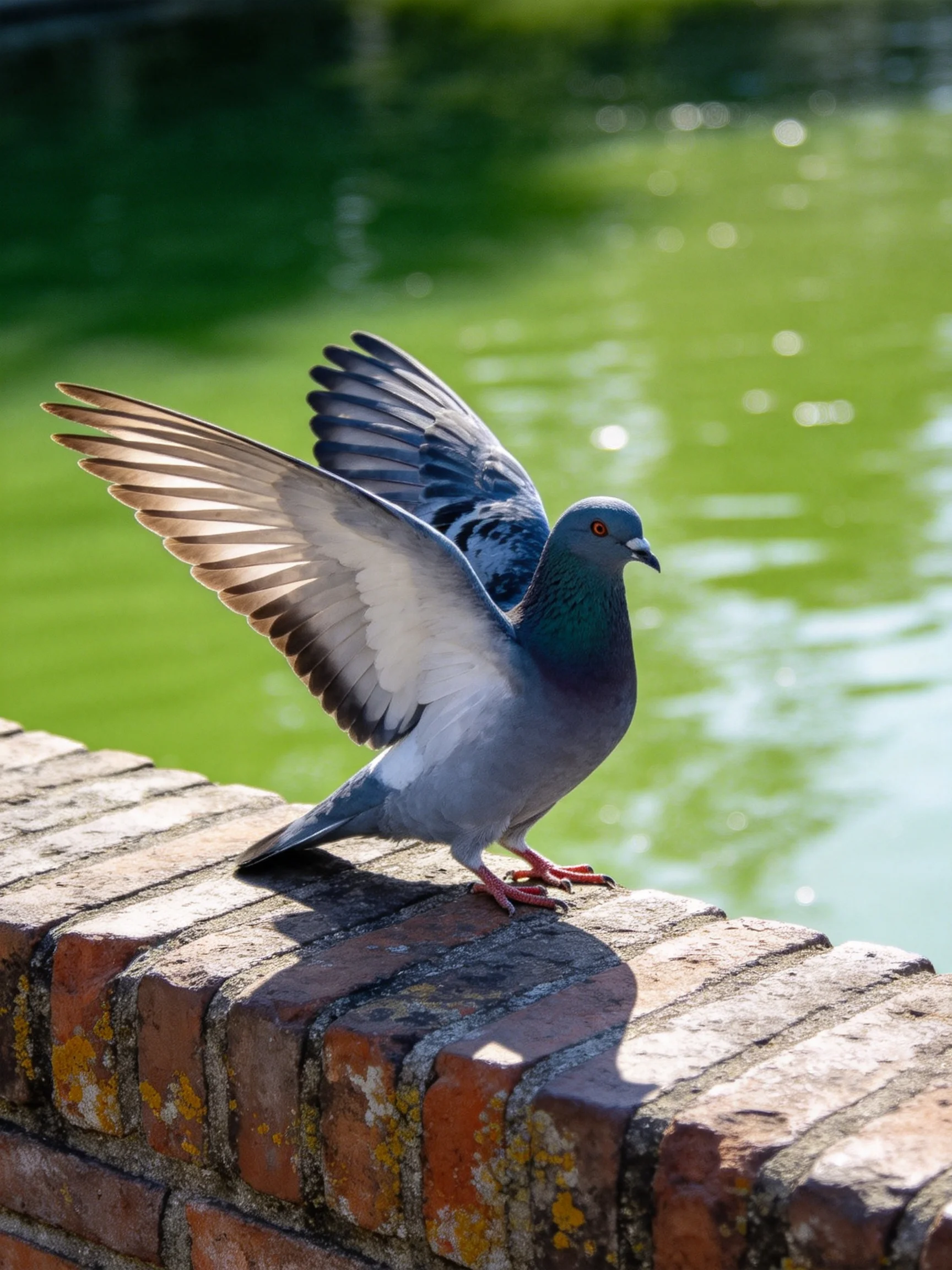 A gray pigeon spreads wings on a weathered brick ledge by calm green water