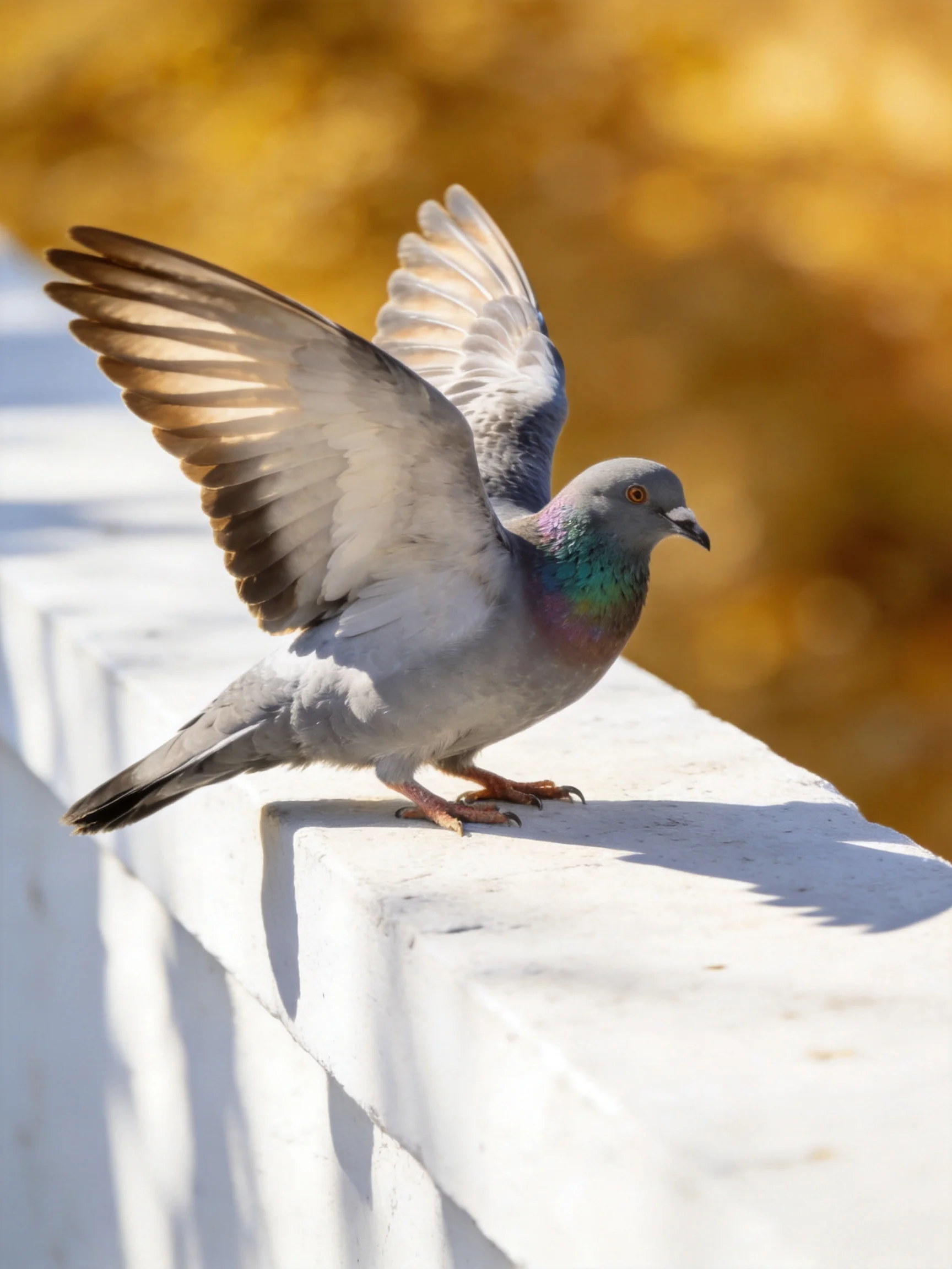 A gray pigeon spreads wings on a white ledge with golden bokeh