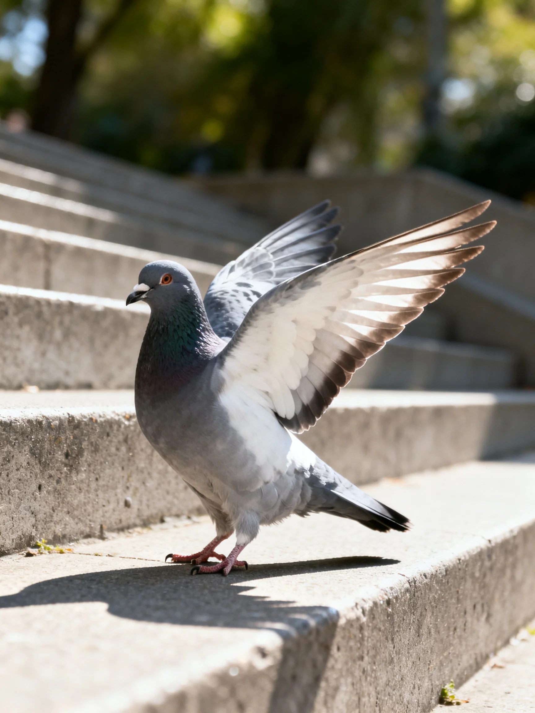 A gray pigeon spreads wings on weathered concrete steps