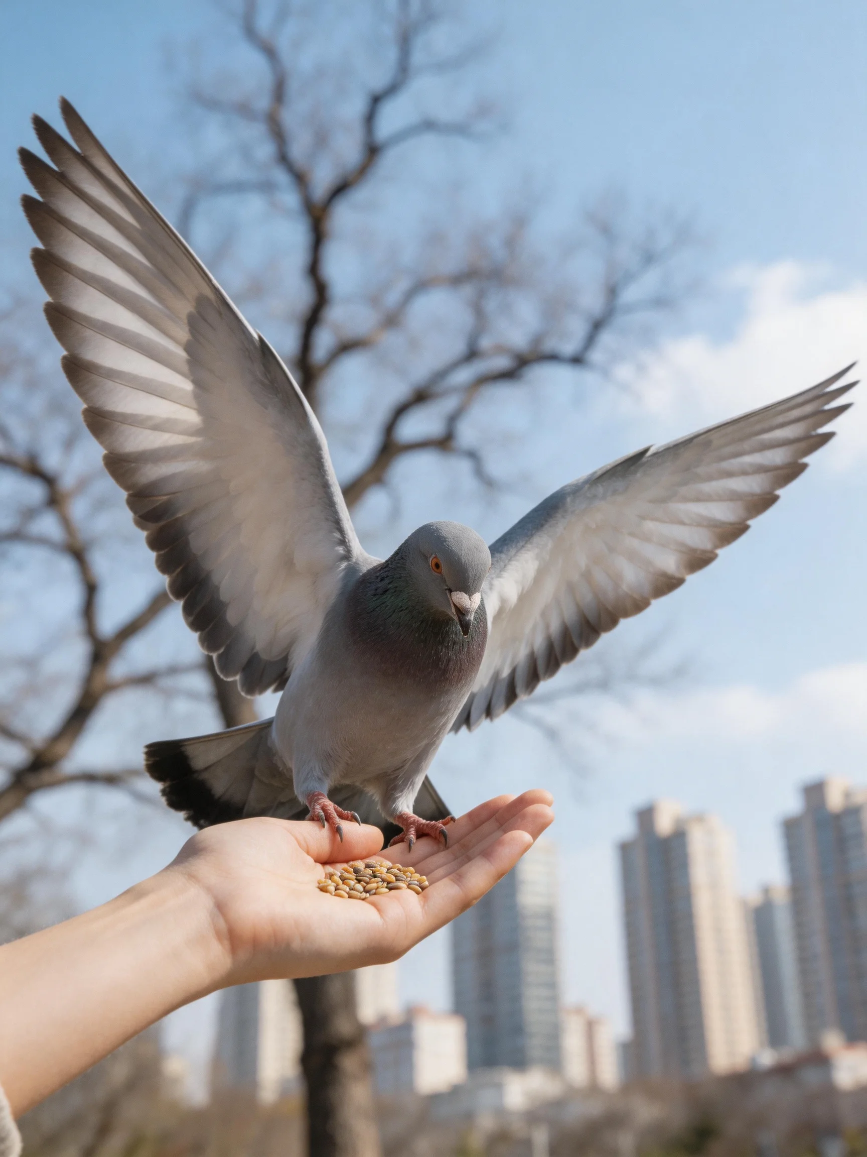 A gray pigeon spreads wings to eat seeds from a human hand in an urban park