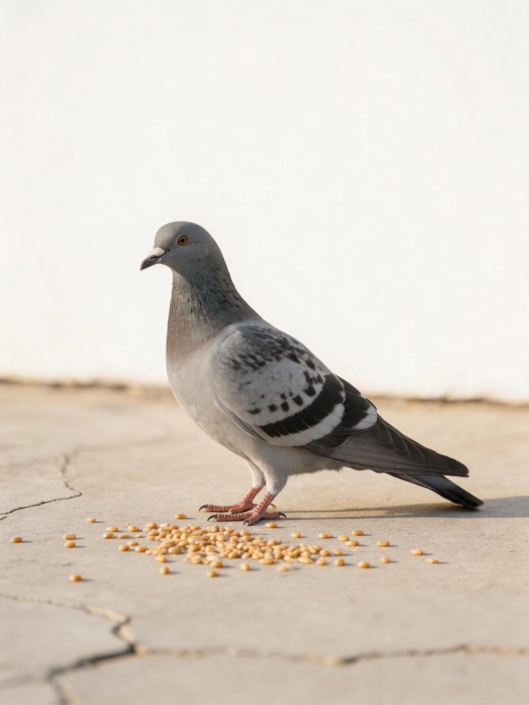 A gray pigeon stands amid scattered yellow seeds on a concrete surface