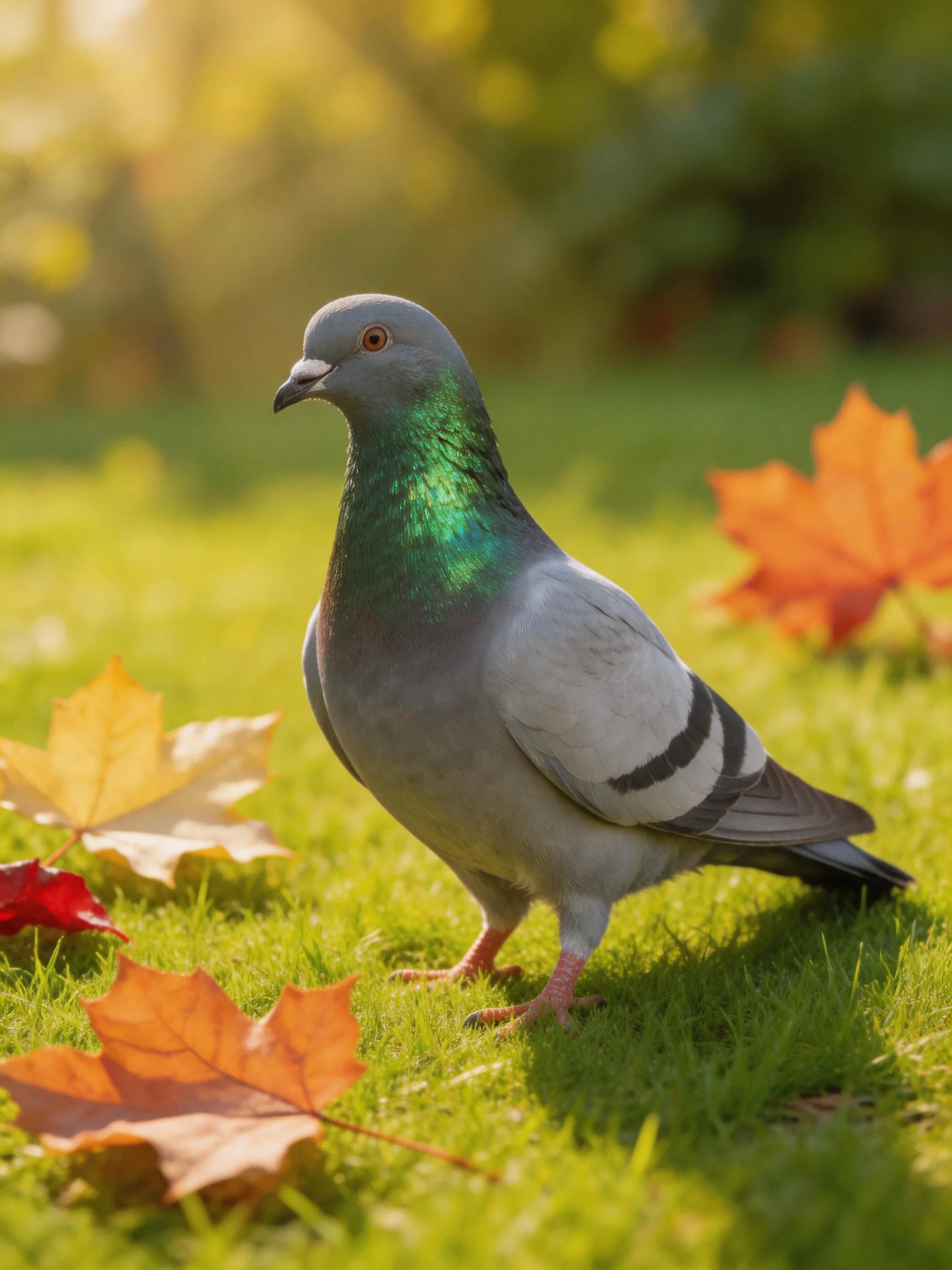 A pigeon stands on green grass with autumn leaves nearby