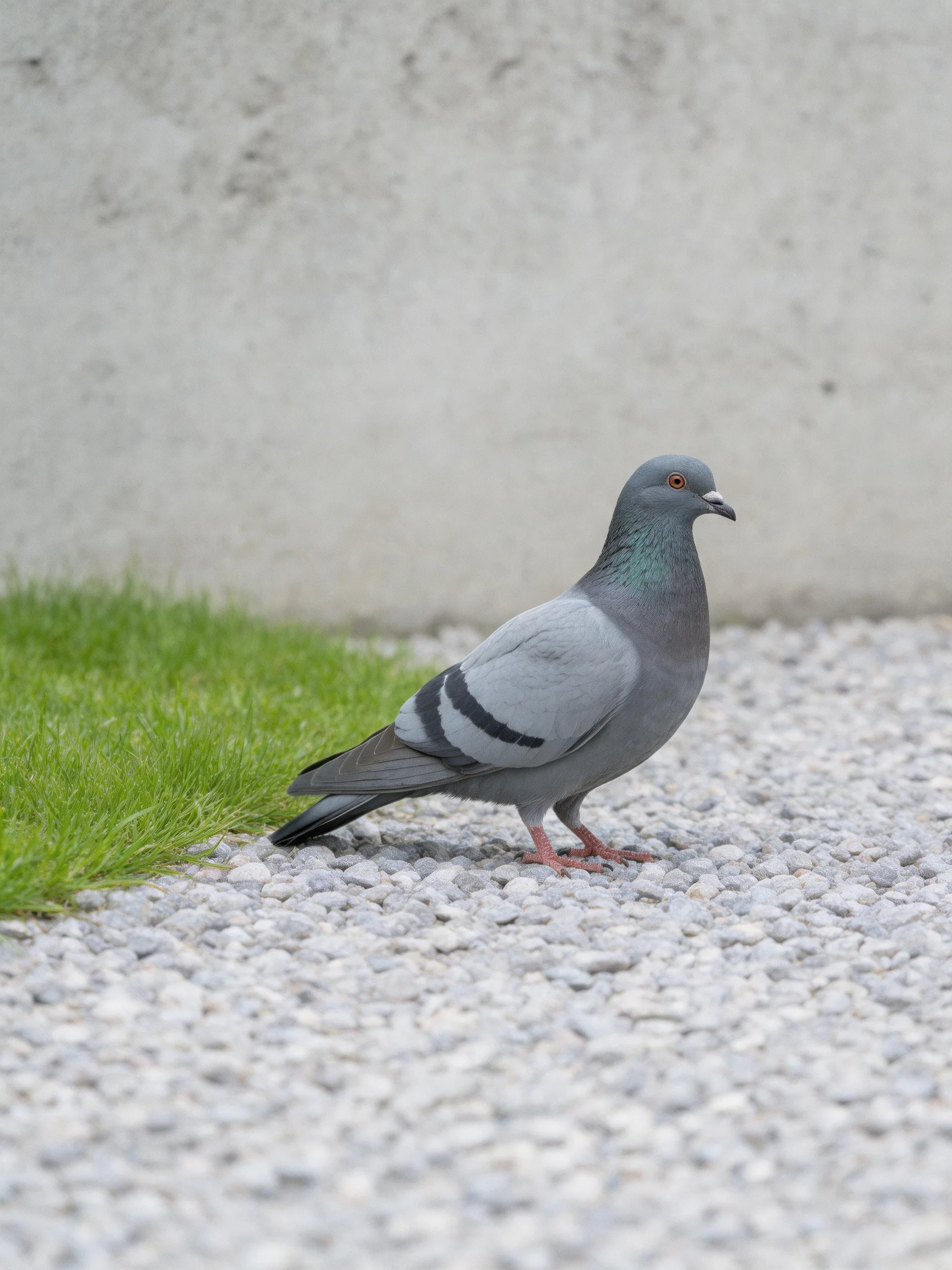 A gray pigeon stands beside green grass and gravel on a concrete base.