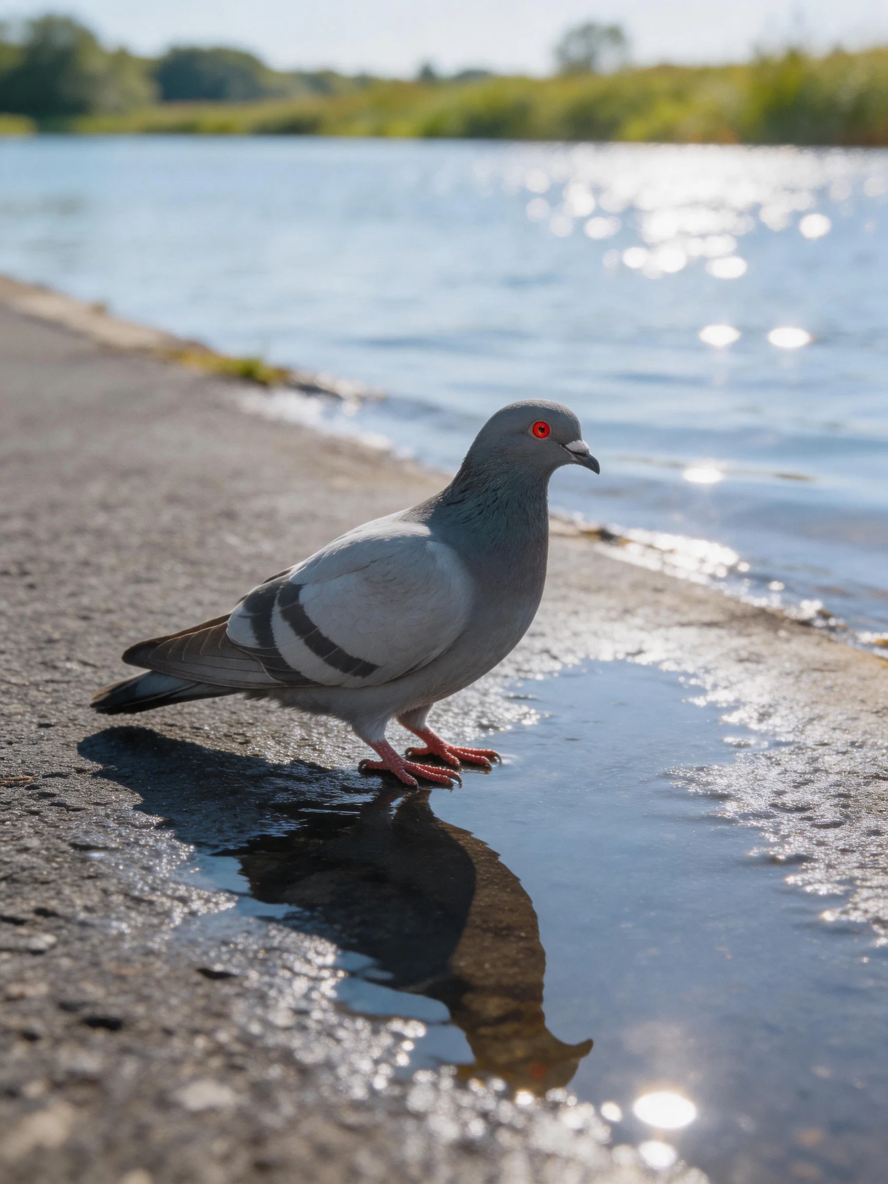 A gray pigeon stands by a shimmering waterway on a bright day