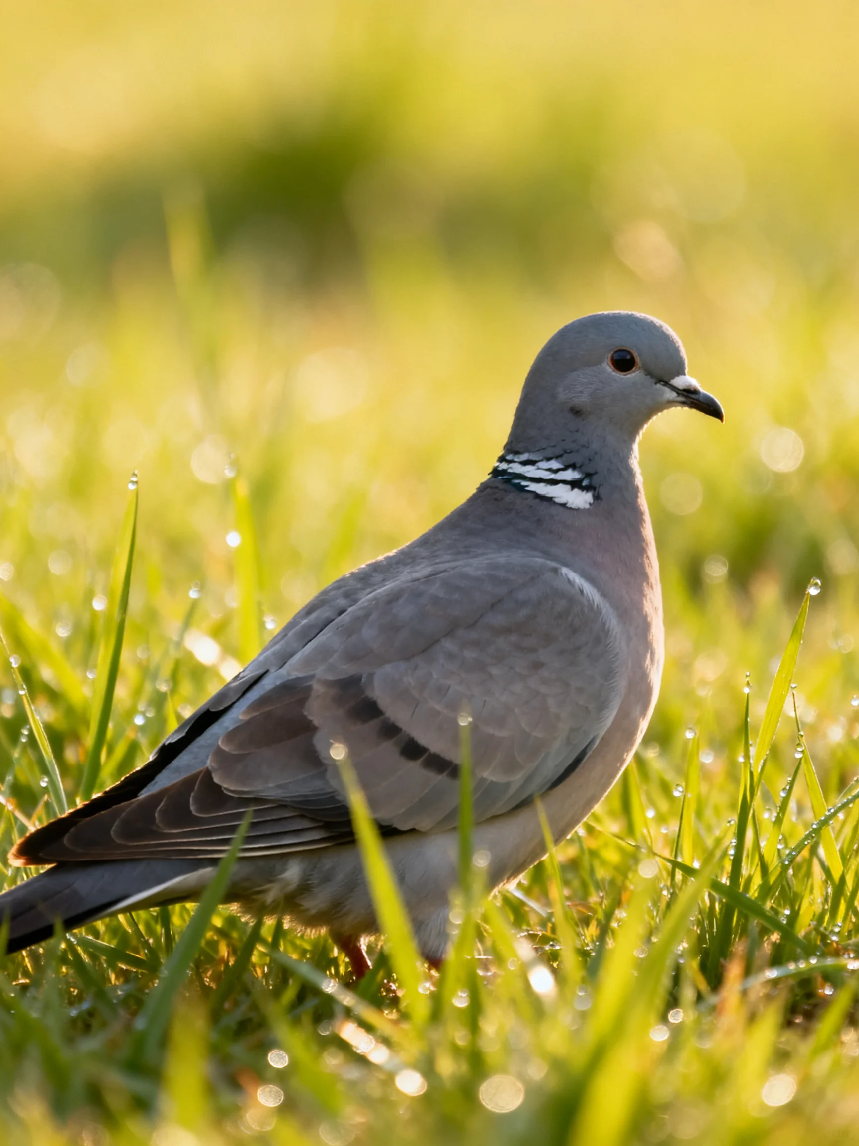 A gray pigeon stands in dewy green grass under golden light