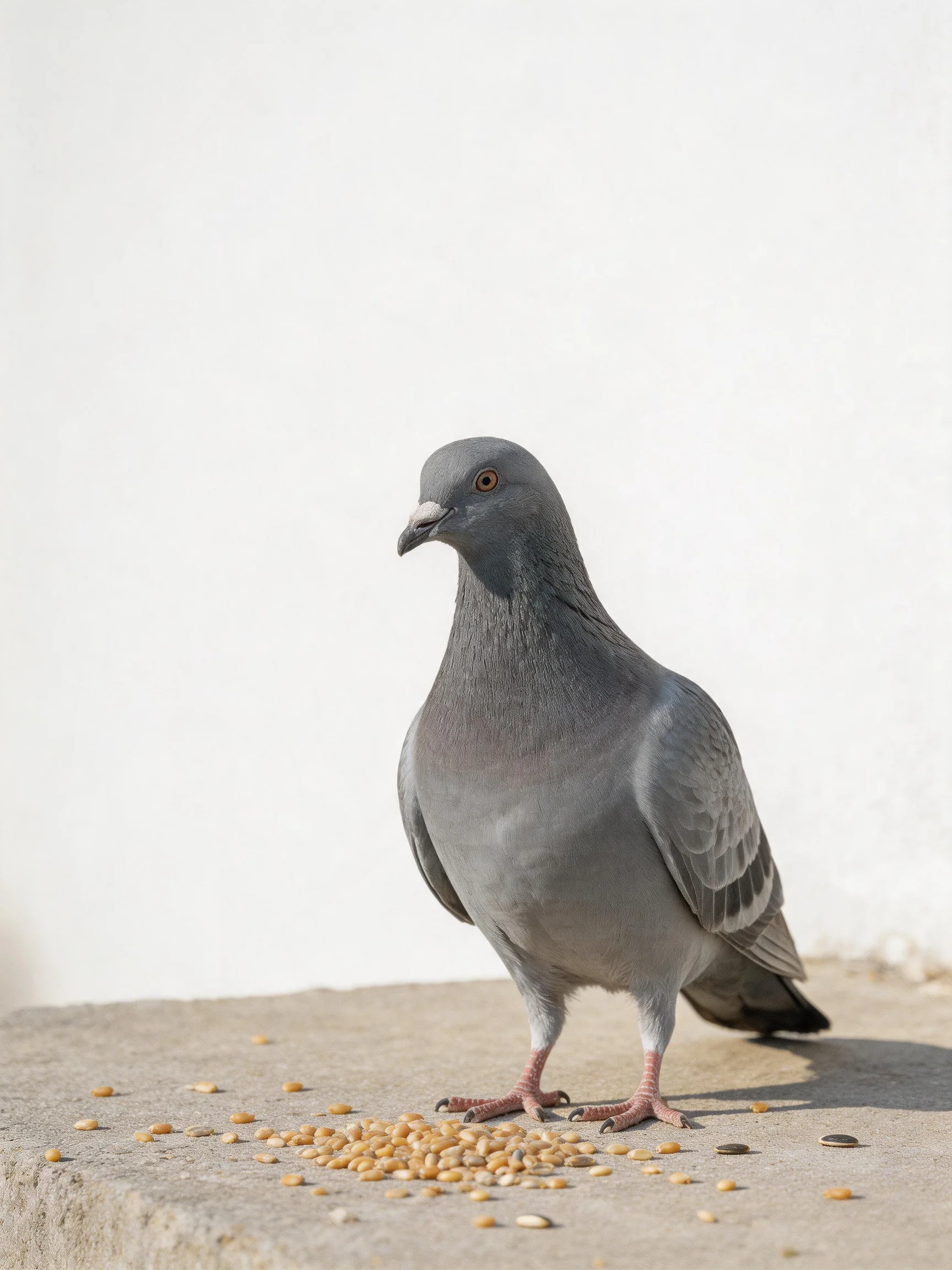 A gray pigeon stands near scattered seeds on a concrete ledge