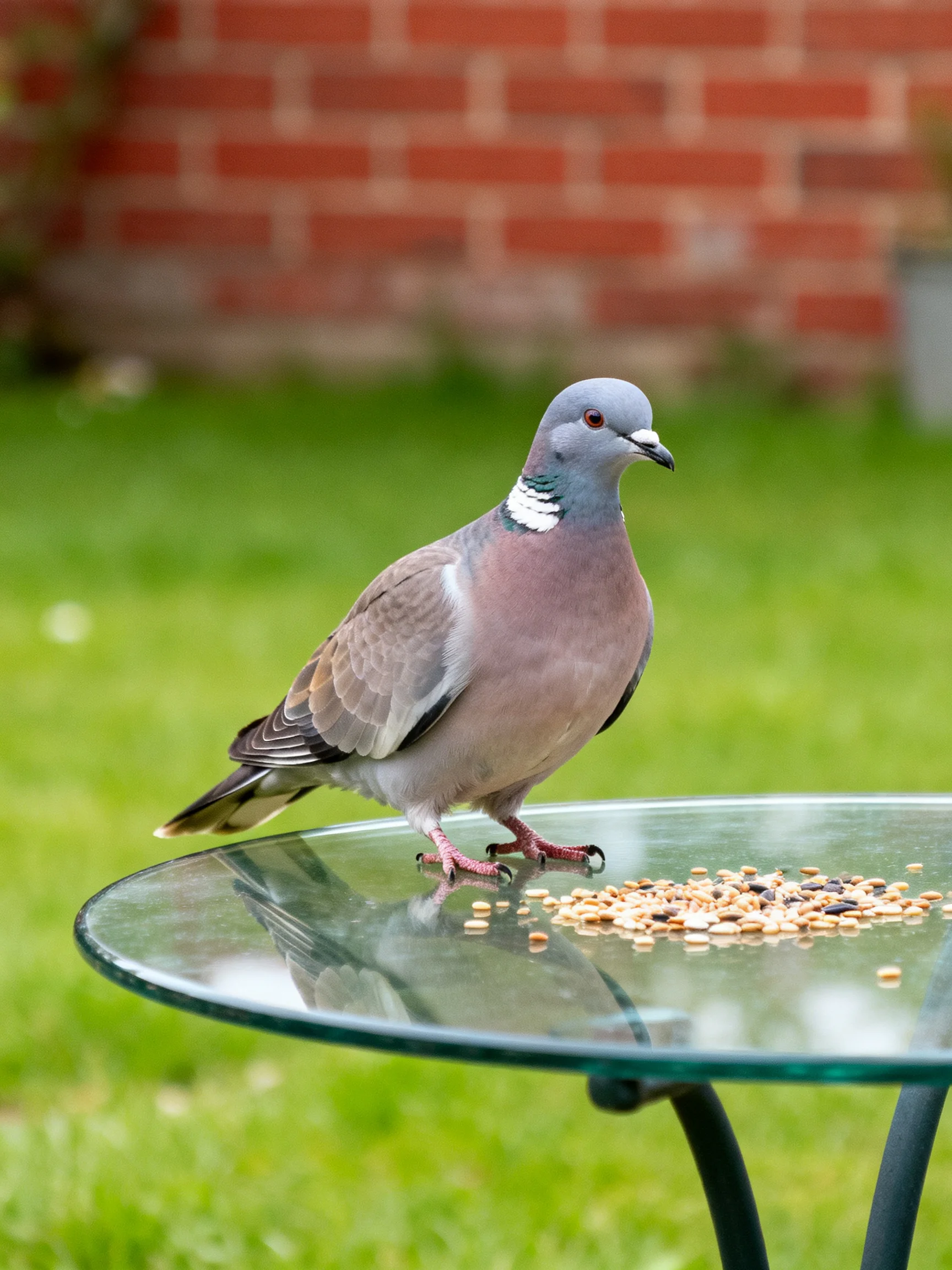 A gray pigeon stands on a glass table with scattered seeds