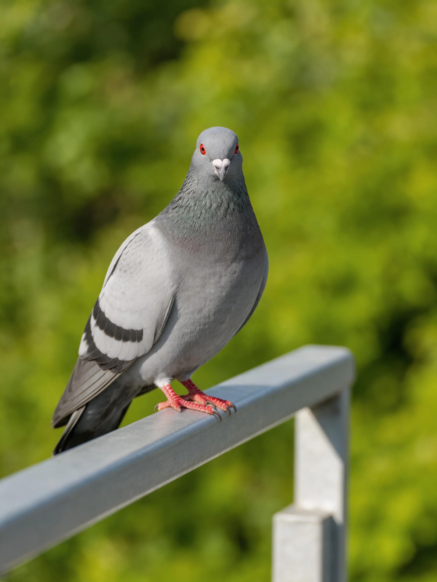 A gray pigeon stands on a silver railing with lush green foliage