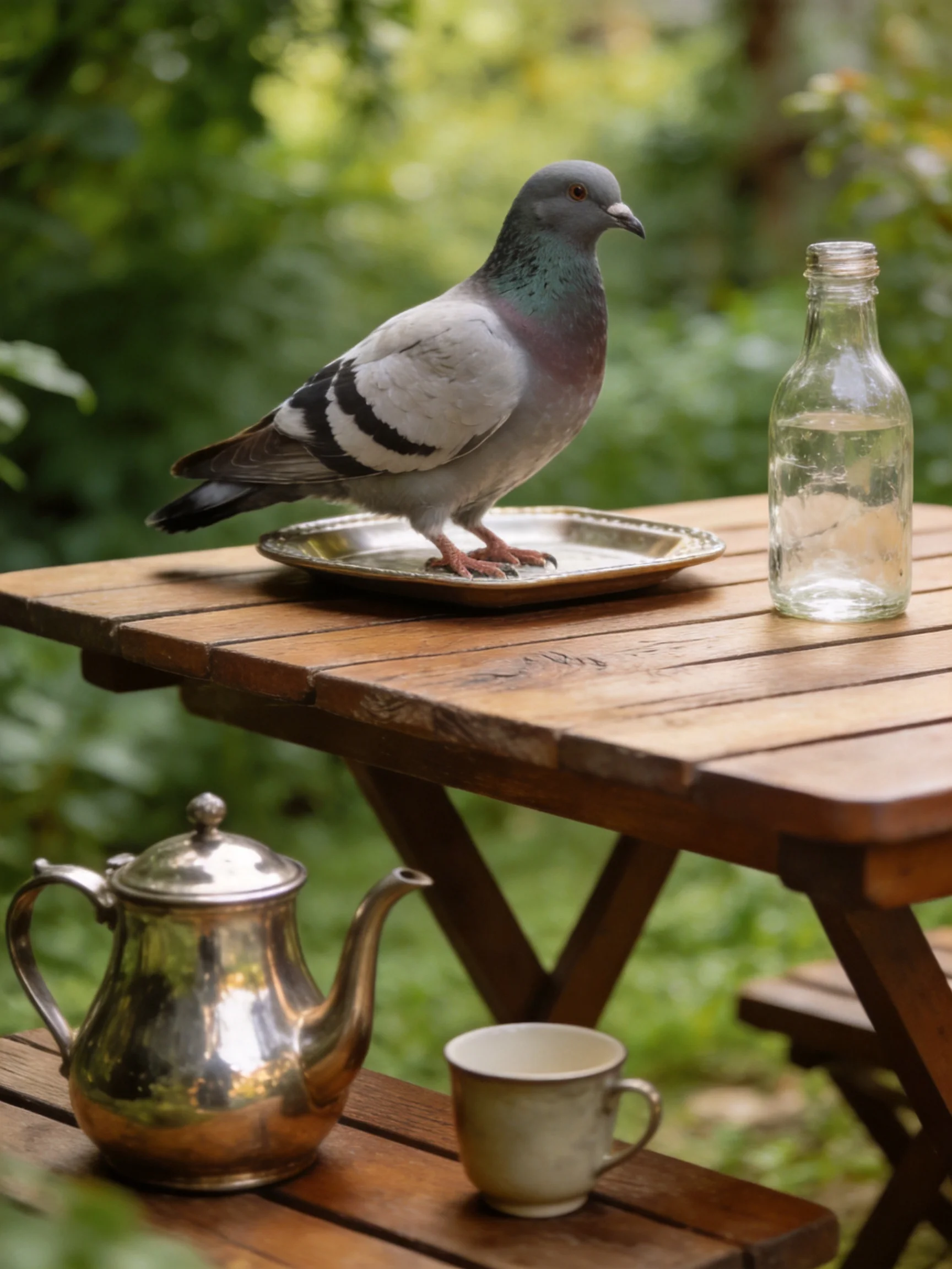A gray pigeon stands on a silver tray atop a wooden picnic table
